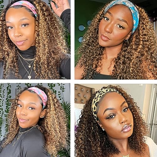 Image of Headband Wig Human Hair Kinky Curly for Black Women 16 Inch Ombre Highlight