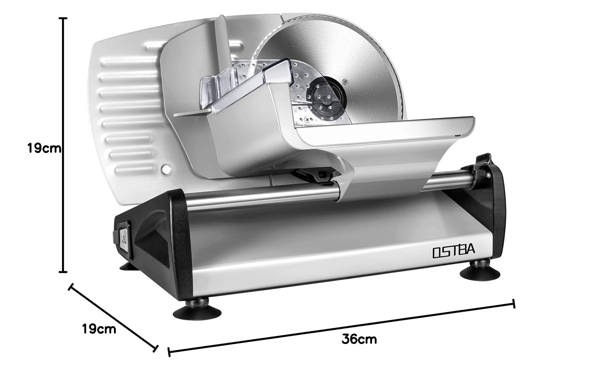 OSTBA - Cortafiambres Eléctrico OSTBA, Maquina de Cortar Fiambre, 150W, Cuchillas de Acero Inoxidable, Sistema Protector de Manos, Sistema Extrafino de Corte para Embutido