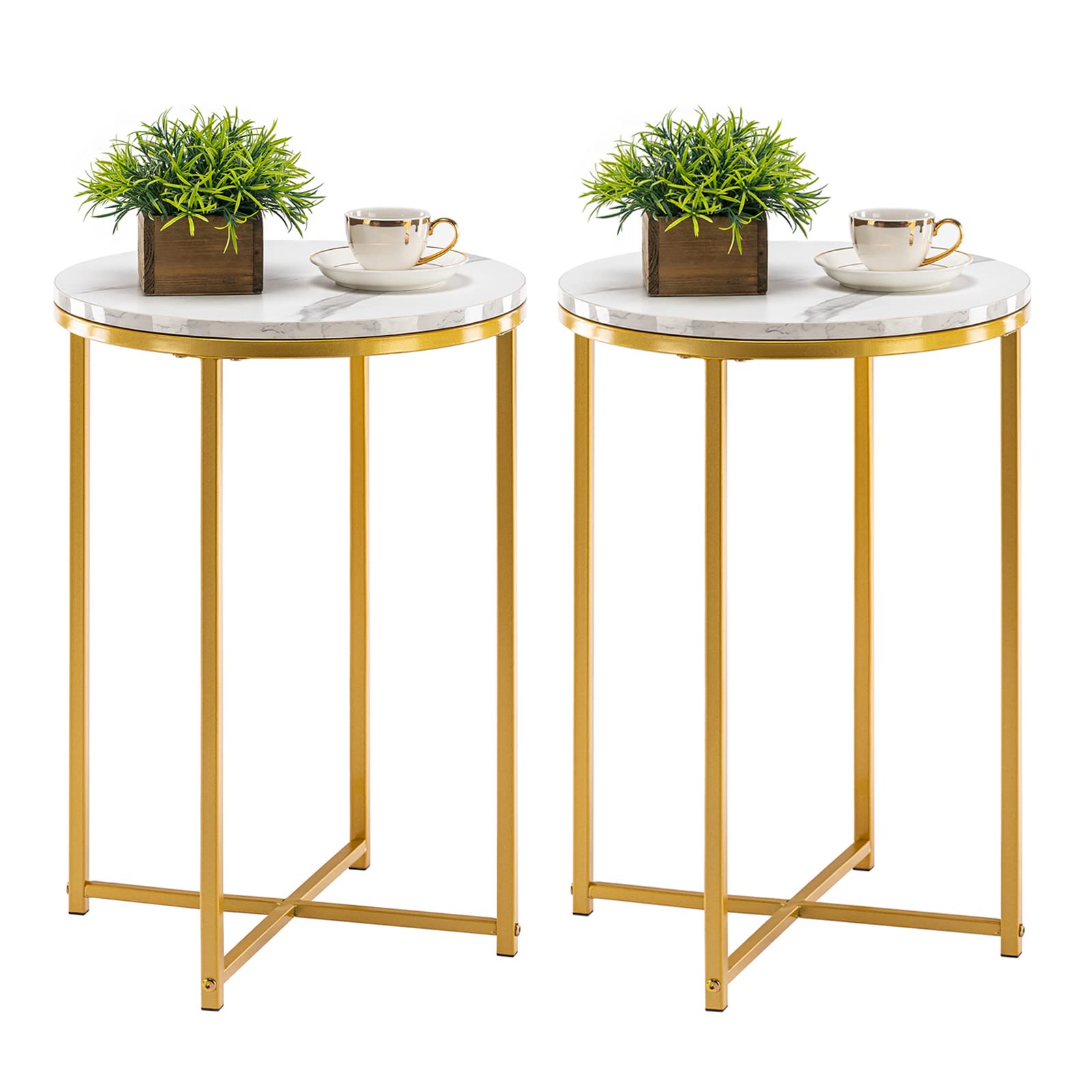 TECHMILLY Round End Table, Faux Marble Sofa Table, Accent Side Table with Metal Frame, Modern Gold Nightstand, Tall Coffee Table for Living Room, Bedroom-2Packs
