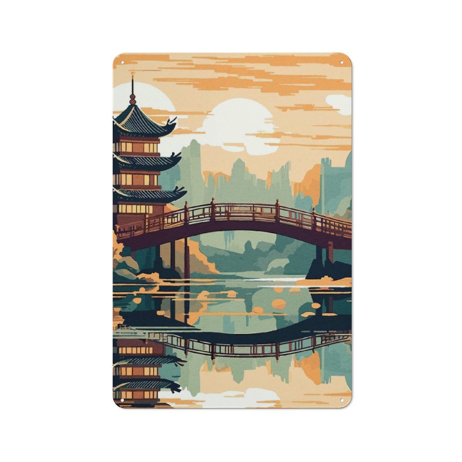 Japanese Landscape Retro Metal Plaque 30x20cm for Guest Room Or Hallway, Housewarming Present for People Styling Guest Room And Hallway