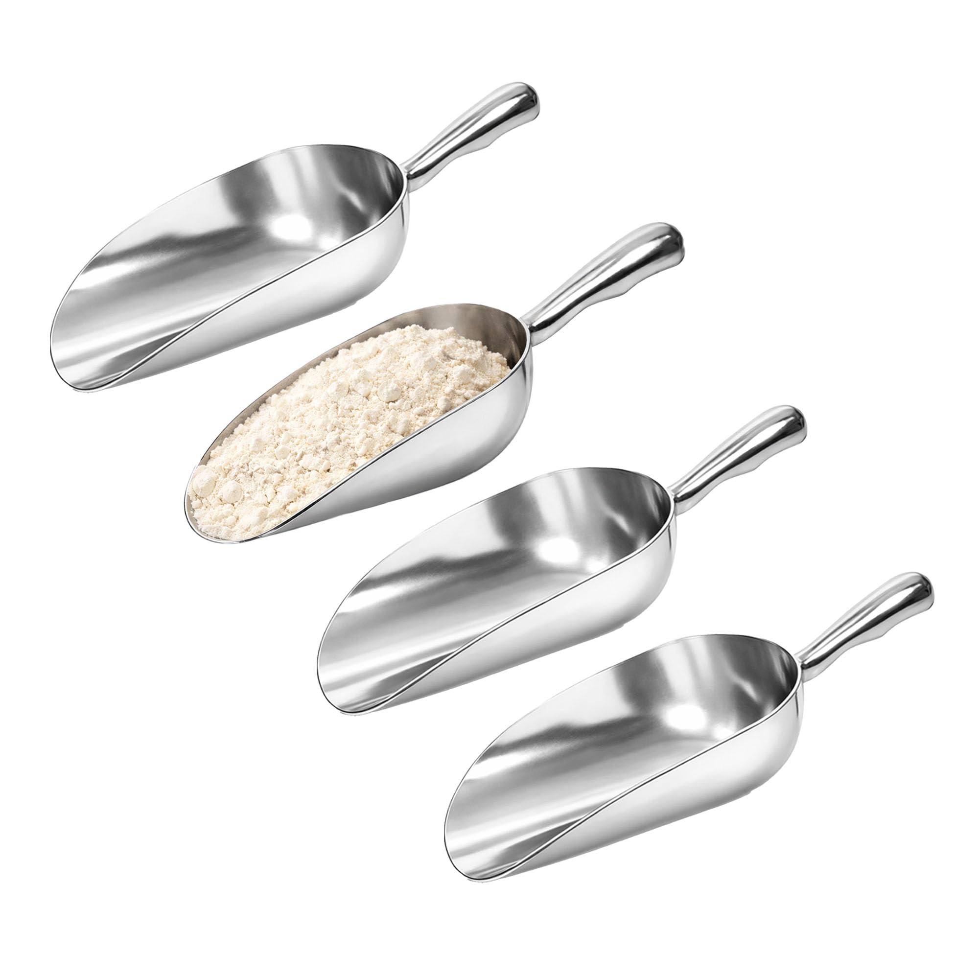 Chabrias Ltd 4 Pack 24oz Aluminium Metal Food Scoop– Large Heavy Duty Dry Goods Scoop for Flour Bins, Rice, Grain, Sugar, Bulk Ingredients & Pet Food Storage – Multipurpose Kitchen Ingredient Scoop