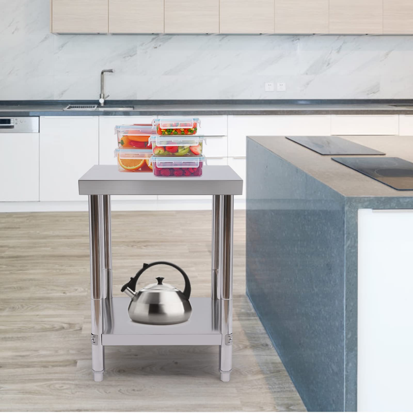 Mesa de trabajo de acero inoxidable, con cantos para cocina, 60 x 60 x 80 cm, resistente, para hotel, panadería, restaurante, procesamiento de alimentos, apto para alimentos, inoxidable