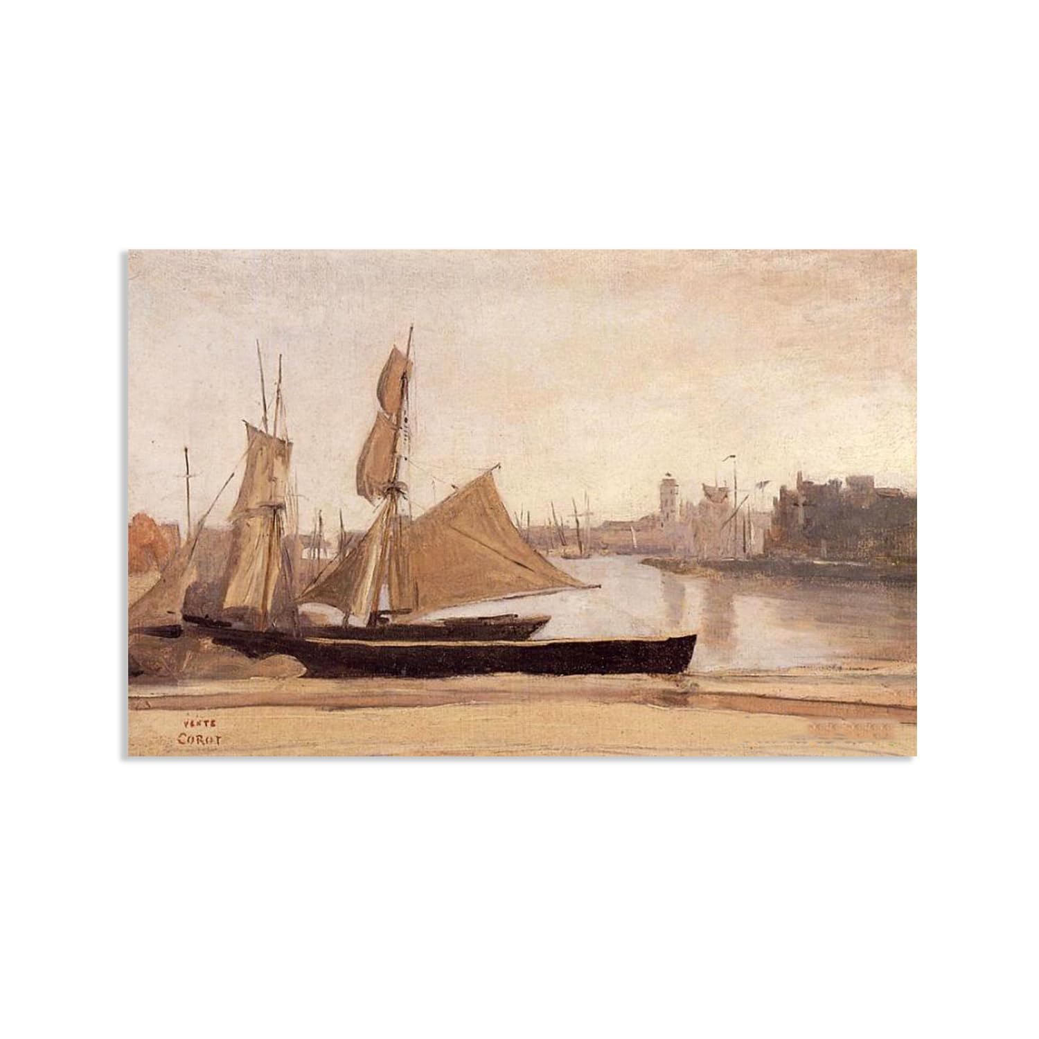 Hau3sh3a Jean Baptiste Camille Corot Wall Art Fishing Boats Tied to the Wharf Canvas Picture Serene Landscape Reproduction Wall Decor for Living Room Bedroom Office Home Decor45x30cm(18x12in) poster