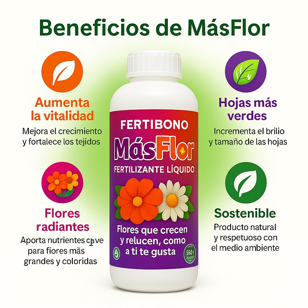 FERTIBONO MásFlor Fertilizante Líquido para Plantas con Flor – Potencia la Floración Natural – Con NPK, Molibdeno y Aminoácidos – Resultados Rápidos y Visibles – 100% Orgánico – 1L