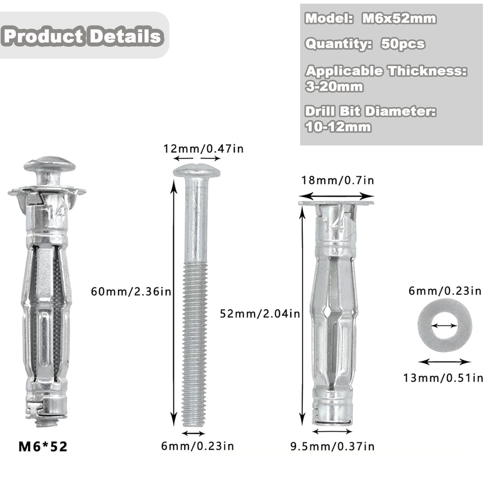 Lxoraziy Pack of 50 Hollow Wall Fixings M6 x 52mm, Plasterboard Fixings Hollow Wall Anchor - Image 2
