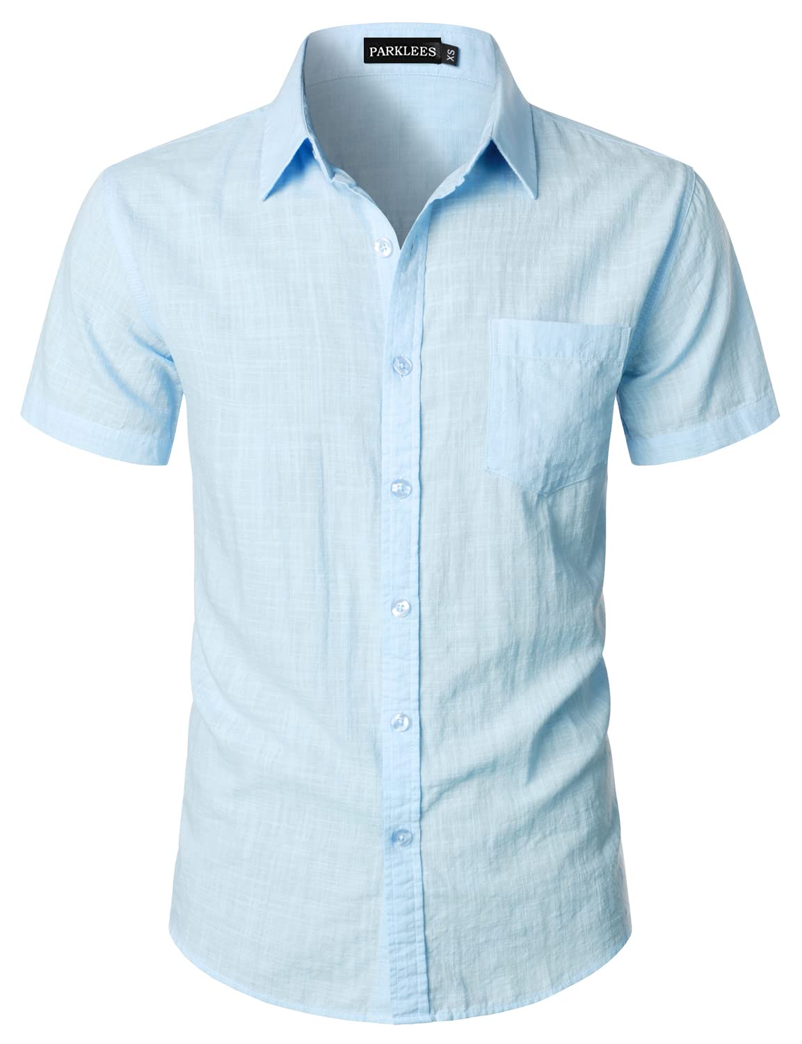 PARKLEES Herrenhemd, enganliegend, Baumwolle, Leinen, lässig, kurzärmelig, Knopfleiste, leicht, Strand-Tops mit Tasche