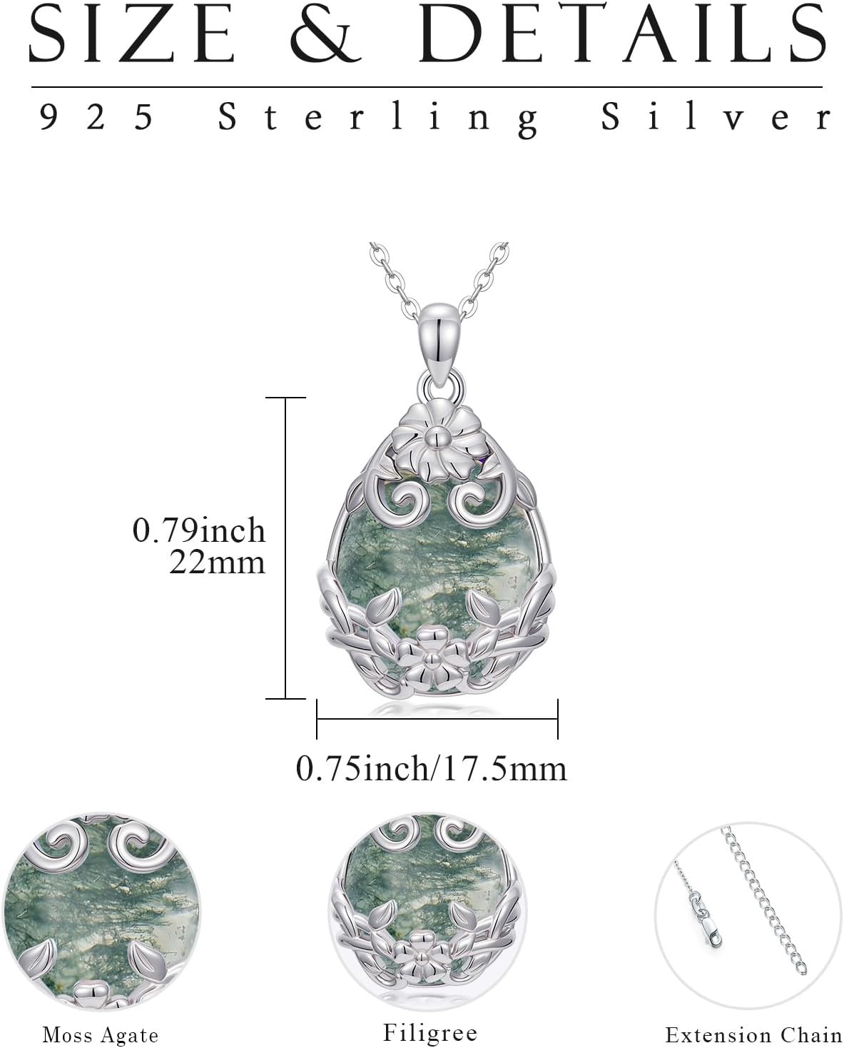 925 Sterling Silver Moonstone/Moss Agate/Turquoise Larimar Necklace Filigree Teardrop Pendant Necklace Jewelry for Women Wife Daughter Sister Friend - Image 2