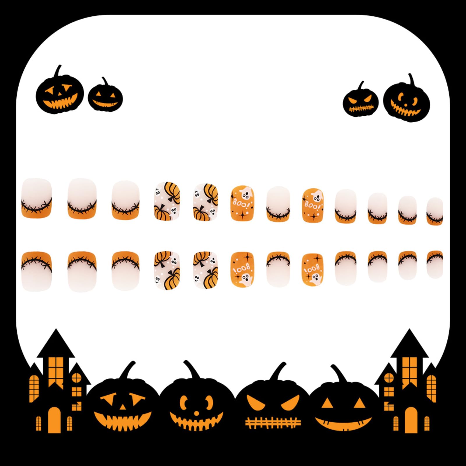 24Pcs Halloween Nails, Autumn Press on Nails with Pumpkin Ghost Designs - Image 3
