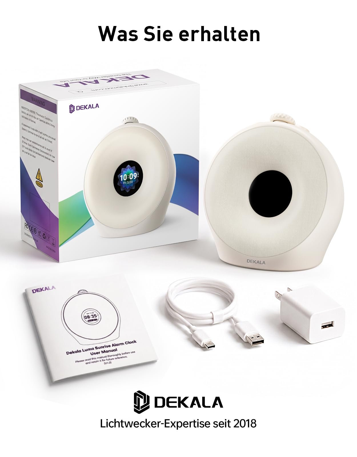 Dekala Tageslichtwecker für Tiefschläfer mit Pulse Wake 95 dB, Lichtwecker Sonnenaufgang & Sunset Sleep, Wake Up Light, 7 Display-Themen, Sound Machine, Atemlicht, 4 Alarme, Farbdisplay, Ohne App