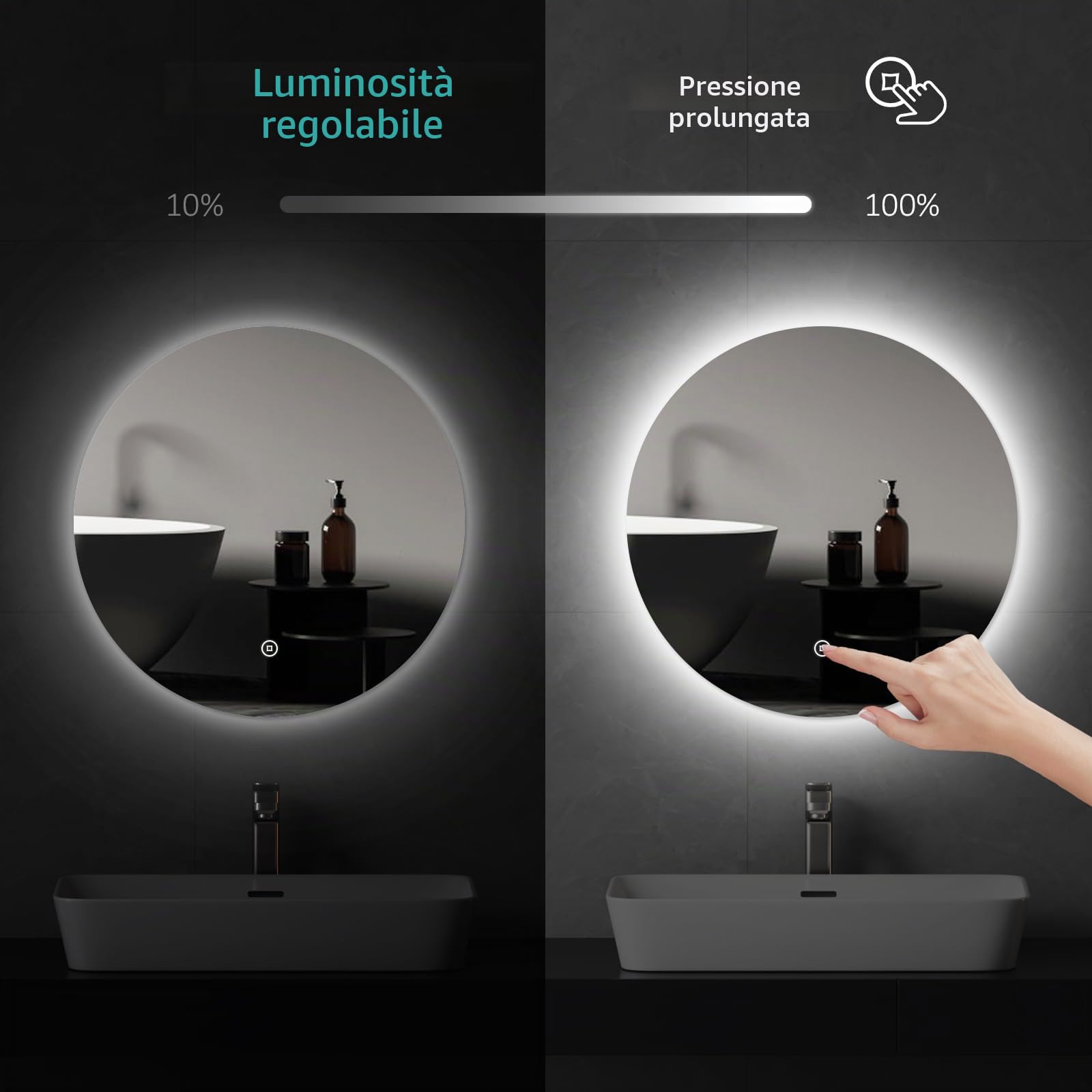 EMKE Specchio da bagno con illuminazione, rotondo, diametro 50 cm, con luce bianca fredda, dimmerabile, funzione di memoria, interruttore touch, IP44, retroilluminato a risparmio energetico