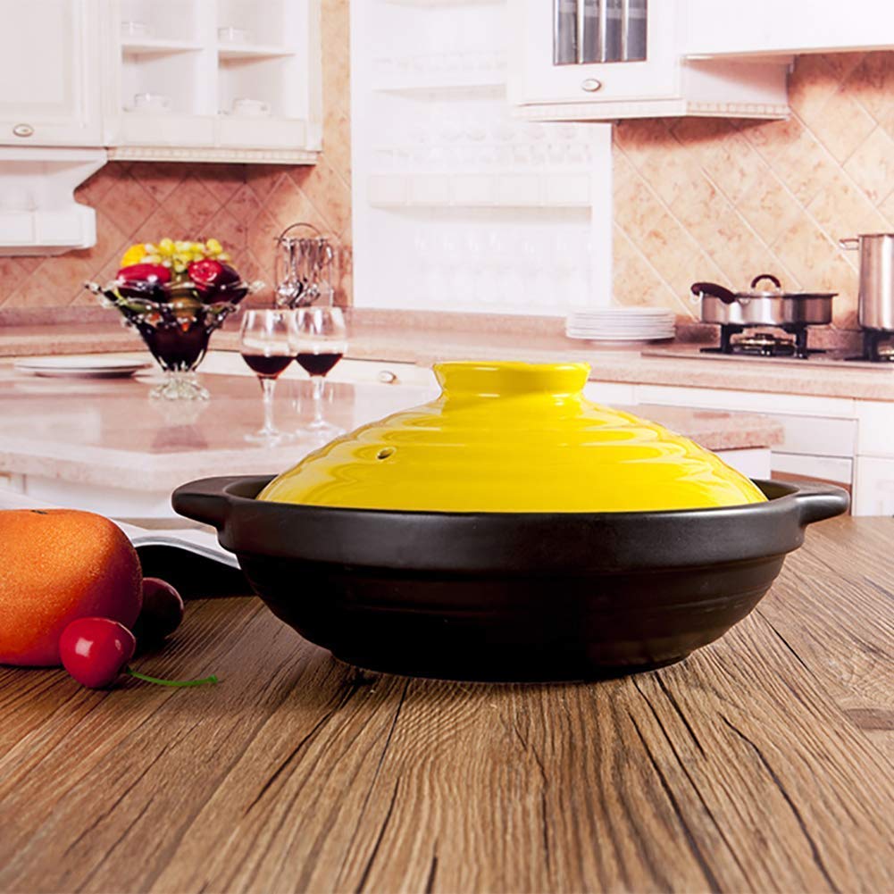 Casseruola Piatta in Ceramica Antiaderente Pentola di Terracotta. Vaso di Terracotta. Pentola Sana. Pentola per zuppa Resistente al Calore. Minestra. Pentola Calda con Coperchio Giallo. Nero
