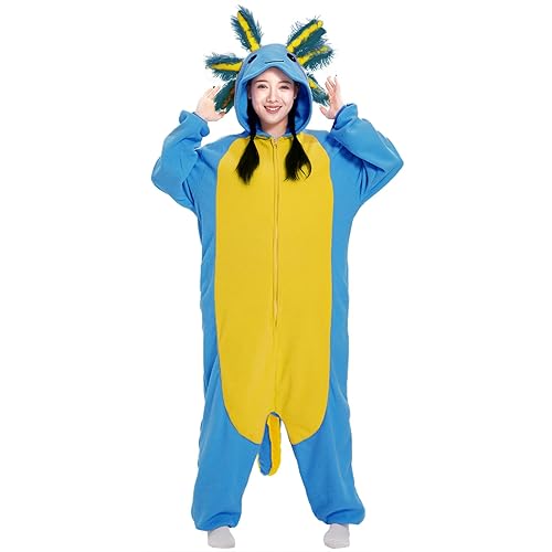 Supodon Adult Onesie Axolotl Costume Pajamas Unisex Cosplay Animal Sleepwear Halloween Jumpsuit Gifts for Men Women - X-Large - Blue