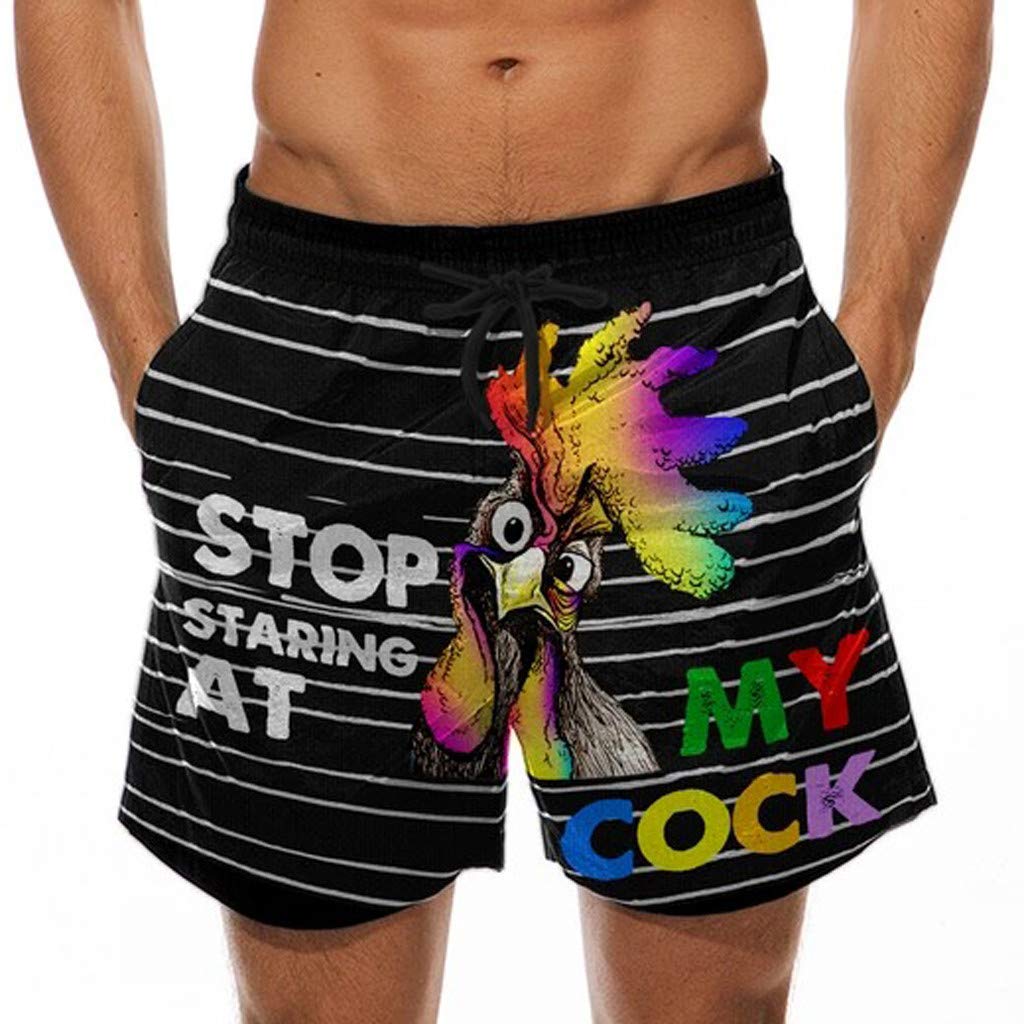Bonilaan Mens Drawstring Shorts, Stop Staring at My Cock Printing Beach Casual Pajama Shorts Pant Black, XL