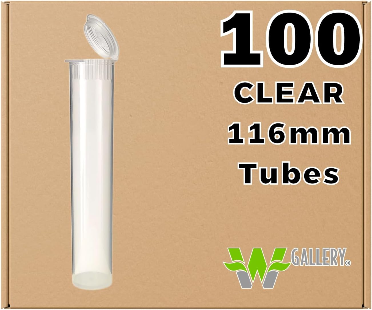 W Gallery 100 Clear 116mm OPEN CAP Pop Top Tubes - Airtight Smell Proof Containers - Plastic Medical Grade Prescription Bottles for Pills Herbs Flowers Supplements, Bulk Pack, Not Glass Jars