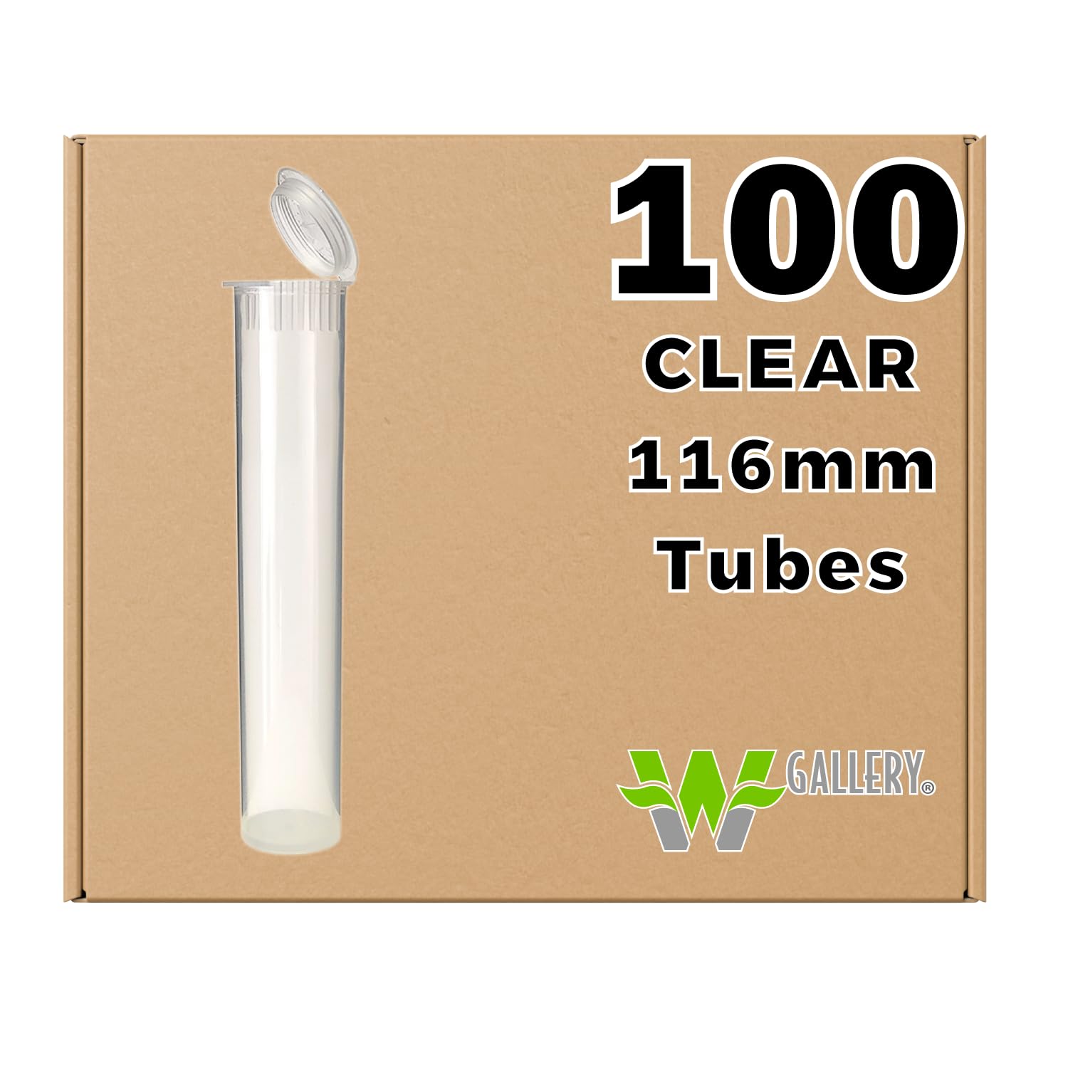 W Gallery 100 Clear 116mm OPEN CAP Pop Top Tubes - Airtight Smell Proof Containers - Plastic Medical Grade Prescription Bottles for Pills Herbs Flowers Supplements, Bulk Pack, Not Glass Jars