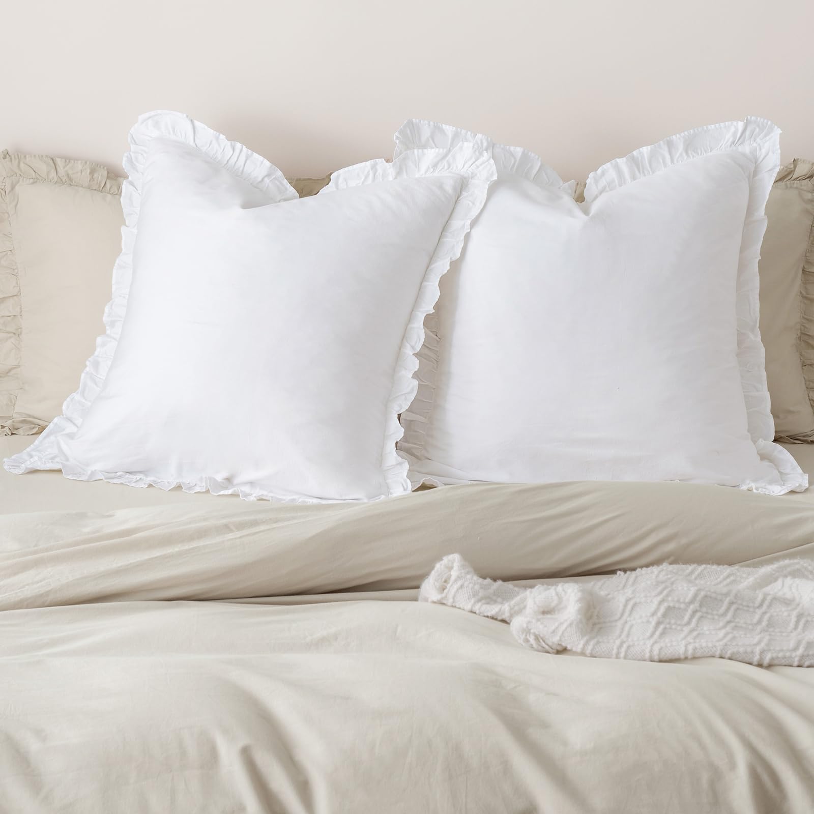 PHF 100% Washed Cotton Euro Shams with Ruffle, 2 Pack 26" x 26" Cotton Euro Sham Pillow Covers, No Insert, Ultra Soft Decorative Farmhouse Bedding for Bed Sofa, White