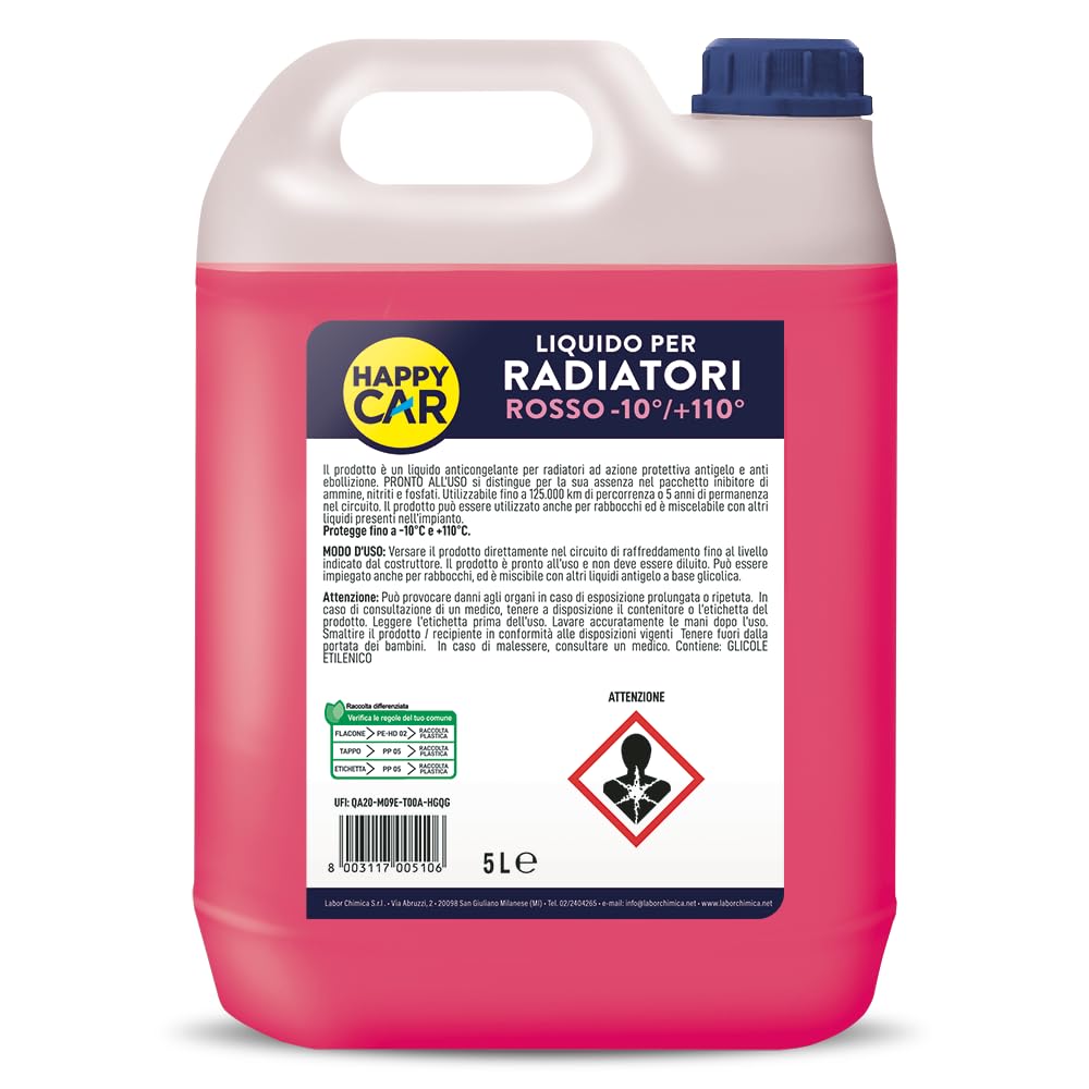 HappyCar Liquido Radiatore Rosso -10°C/+105°C Pronto all'Uso - Refrigerante  Auto e Moto per Motori in Lega di Alluminio con Antigelo e Antiebollizione 