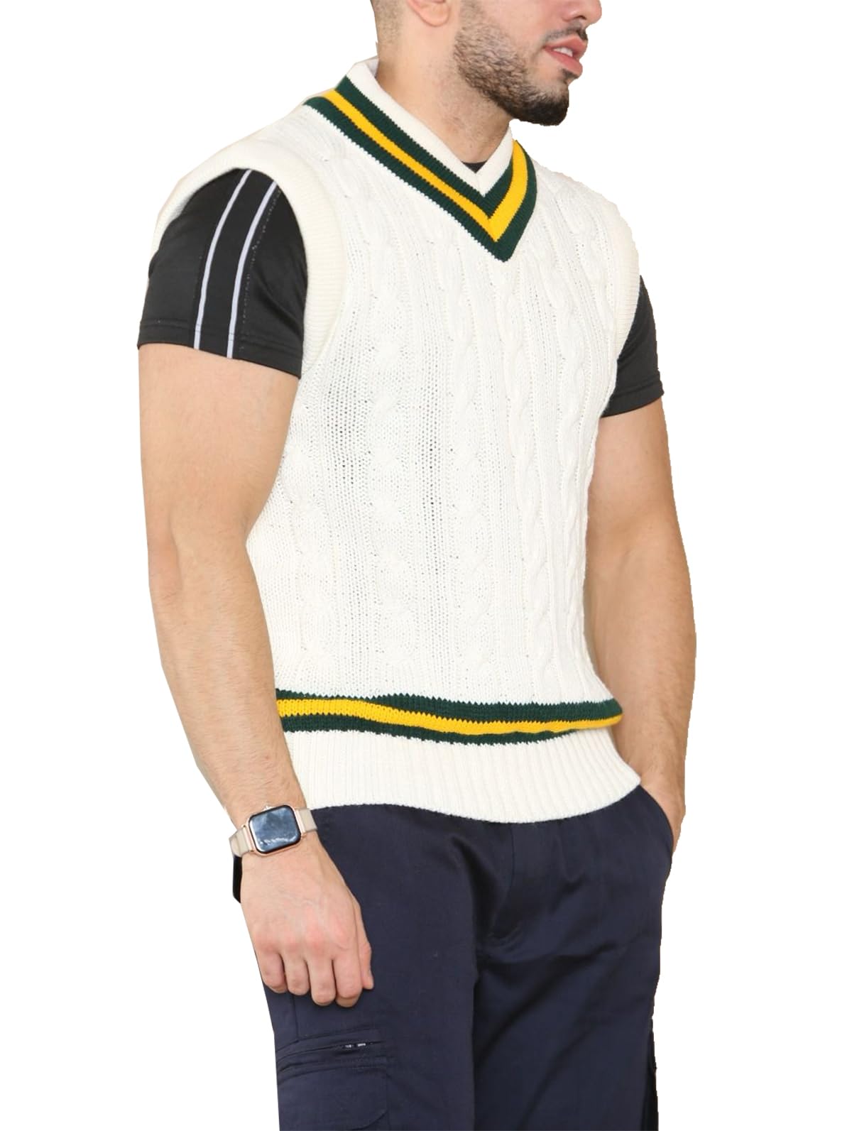 Fairy Trendz Women's Green Yellow Unisex Classic V Neck Sleeveless Thick Knitted Cricket Jumper Mens Sport Sweater Pullover Tank Top