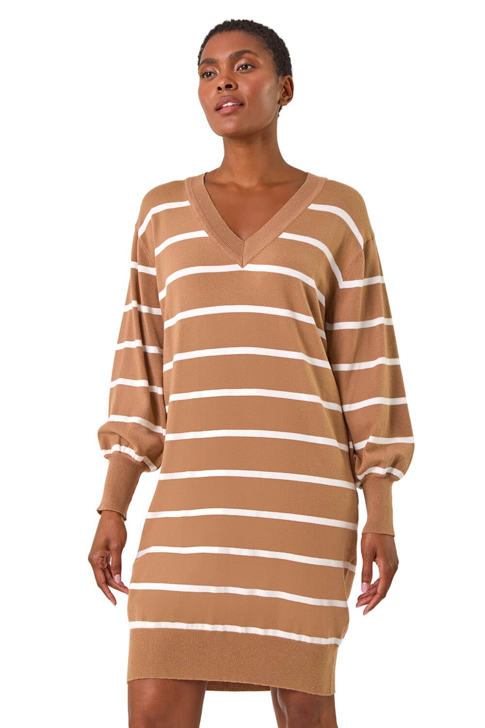 Roman Women's Camel Stripe V-Neck Knit Jumper Dress In Size 18