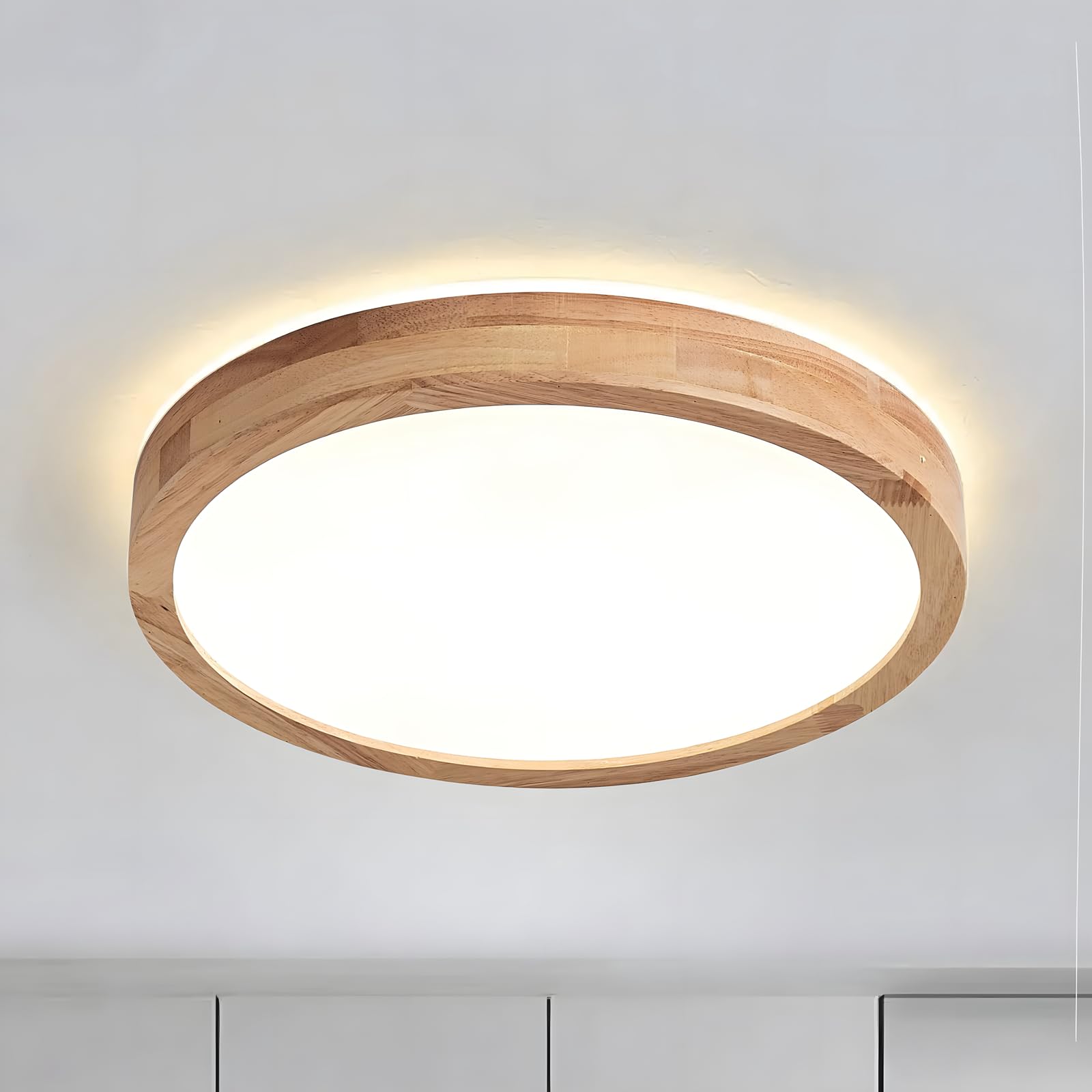 WayLuoung Lámpara De Techo LED De Madera | Ø30cm 3000K 1620Lm 18W | Lámpara De Techo Redondo De Madera Natural Con Brillo De 360°, Dormitorio, Sala De Estar, Habitación De Los Niños (Blanco Cálido)