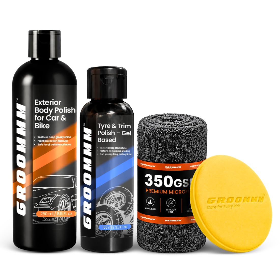 Groommm Tyre Polish Gel (100ML) & Car body polish (250ML) with 1 Pad & one 350Gsm Cloth for Car & Bike| High Gloss Car Polish | Non-Greasy Long-Lasting Shine | Protects from Fading, Cracks & Dullness-image-46