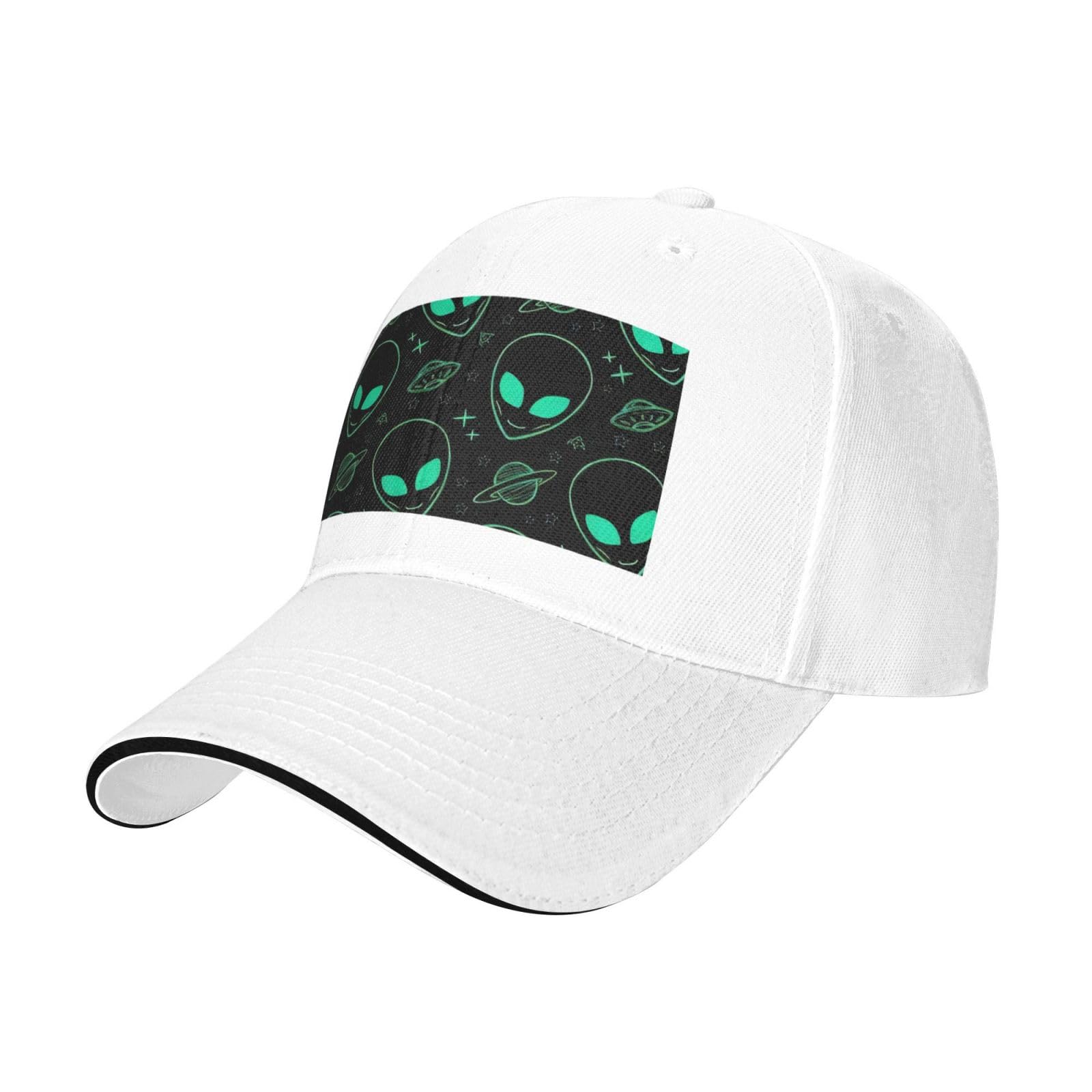 Aliens Patterned Curved Brim White Baseball Cap, Adjustable Hiking hat, can be Used as a Sun hat.