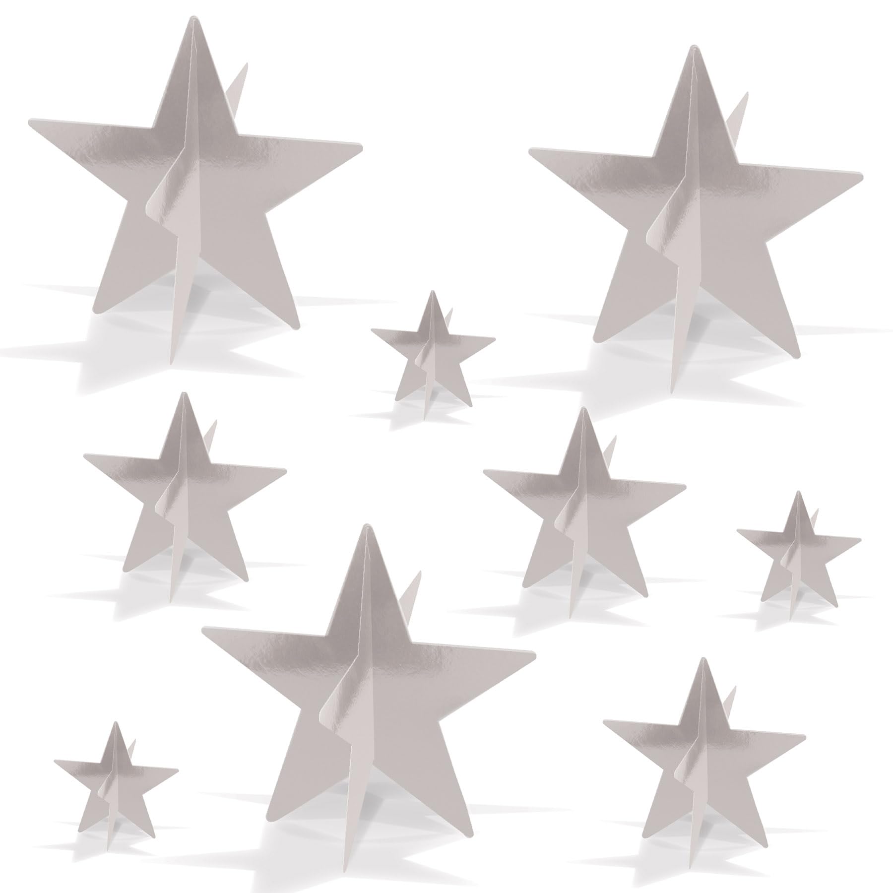 Photo 1 of Beistle 3-D Foil Star Centerpieces, 9-Pack Silver Cardstock Table Decorations for Awards Night Themes, New Year’s Eve, Anniversary Parties and Elegant Celebration Displays, Three Sizes 3", 5½", 8"