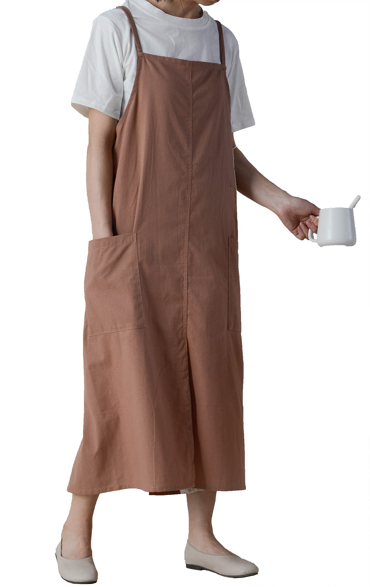 Cotton Long Square Cross Back Aprons Solid Color Cook Kitchen Garden Adjustable Tie Smock with Pockets