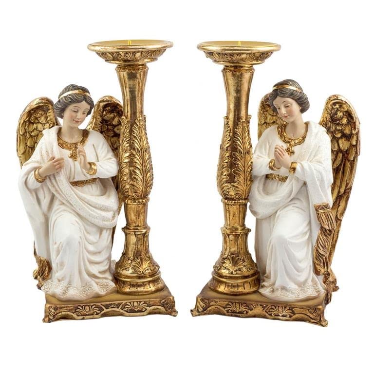 DRW Set mit 2 Kerzenleuchtern Engel sitzend 28 cm hoch
