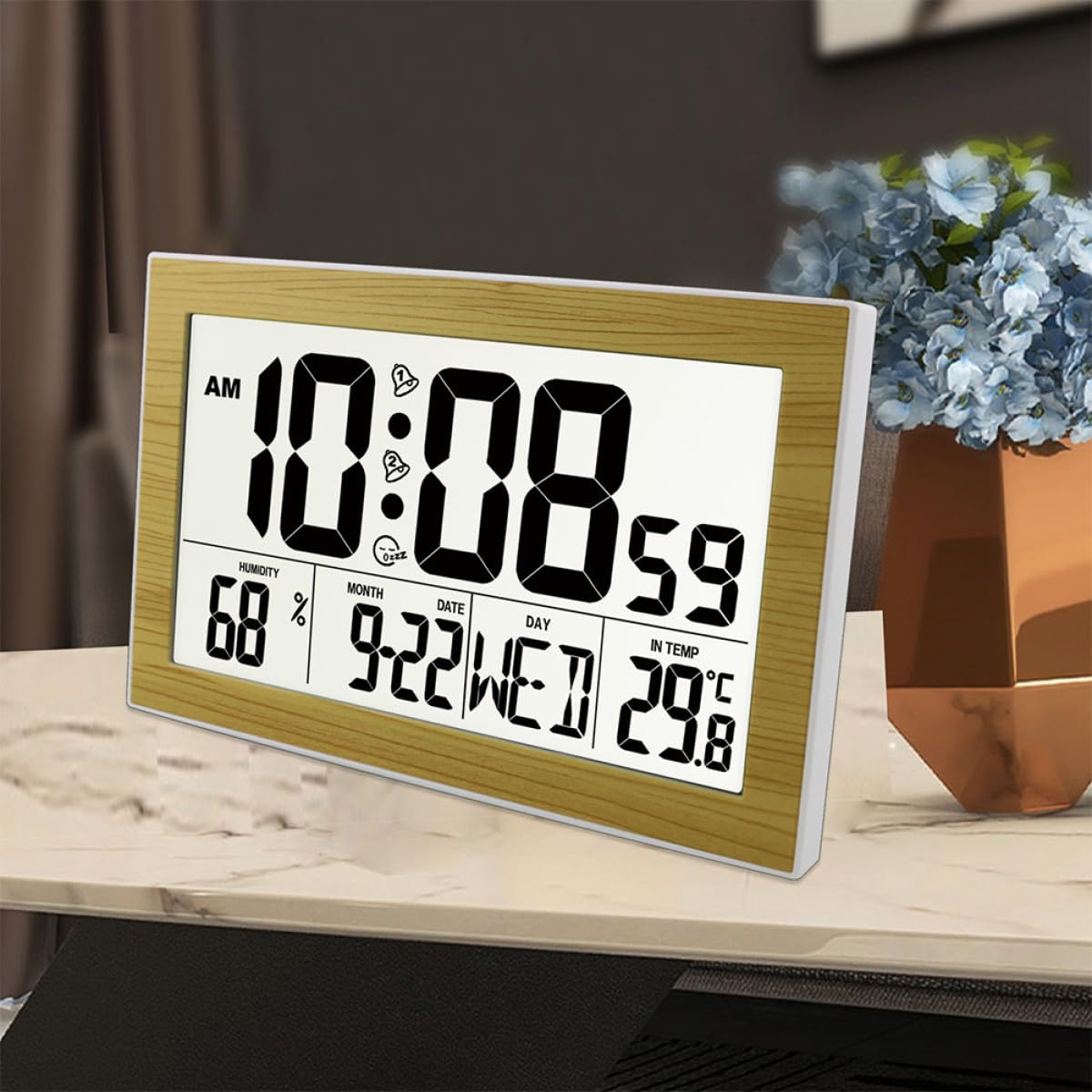 Beaupretty Reloj Electrónico de Pared Digital Grande sin Pilas Calendario y Despertador Silencioso, Pantalla LED de Fácil Lectura para Hogar y Oficina, Termómetro Integrado, Diseño Madera
