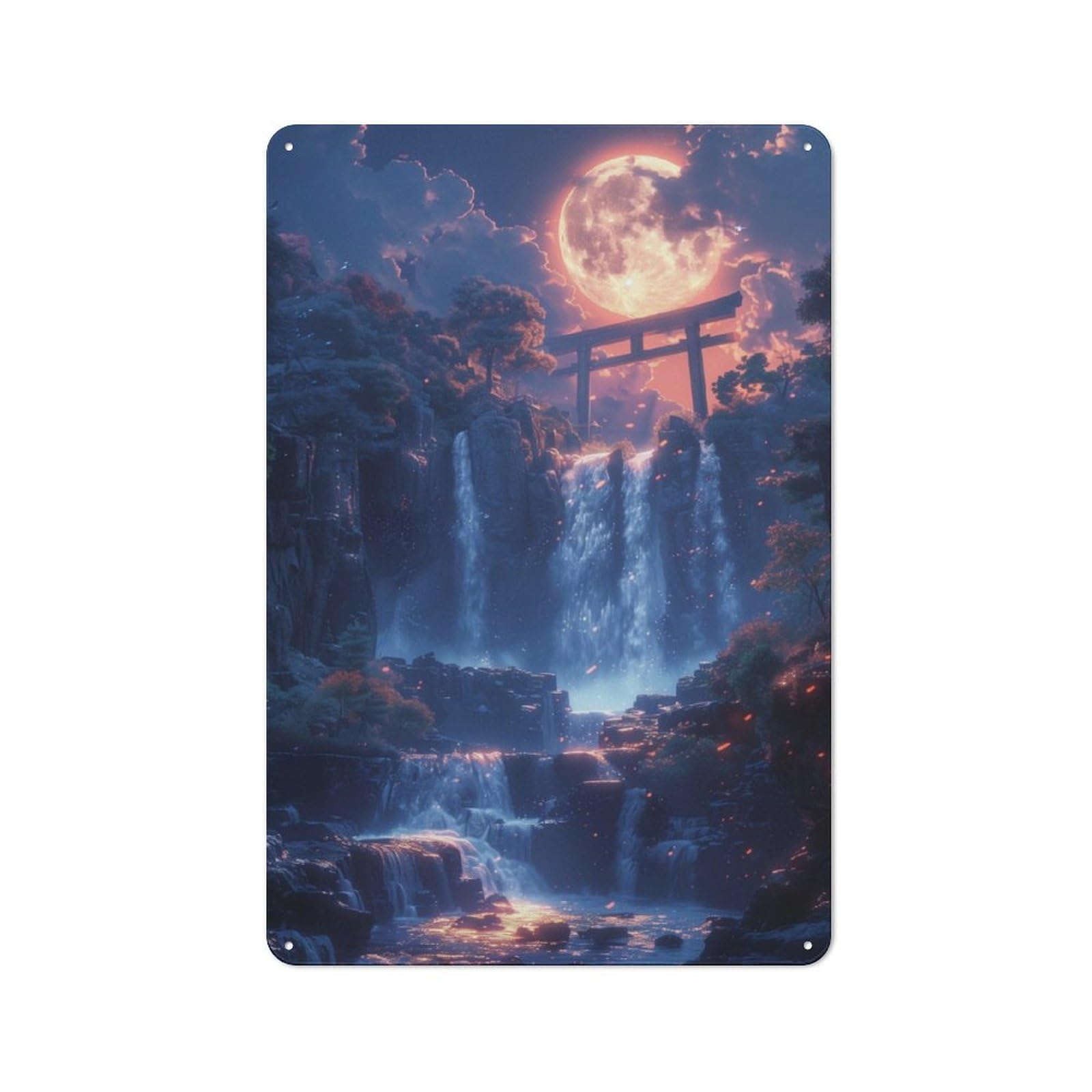 Junmoney Moonlit Torii Waterfall Vintage Tin Wall Plaque 30X20cm For Café Or Restaurant, A Decorative Christmas Gift For Café Owners And Decorators