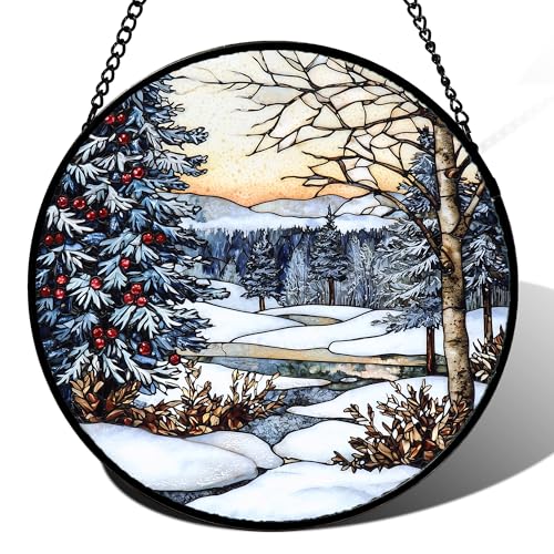 Image of DASTOLL Stained Glass Window Hanging, Winter Snow Landscape Suncatcher Diamond Glass Panel Sun Catchers Decor for Birthday for Women, Men, Wife, Aunt, and Mom 6.3x6.3 in