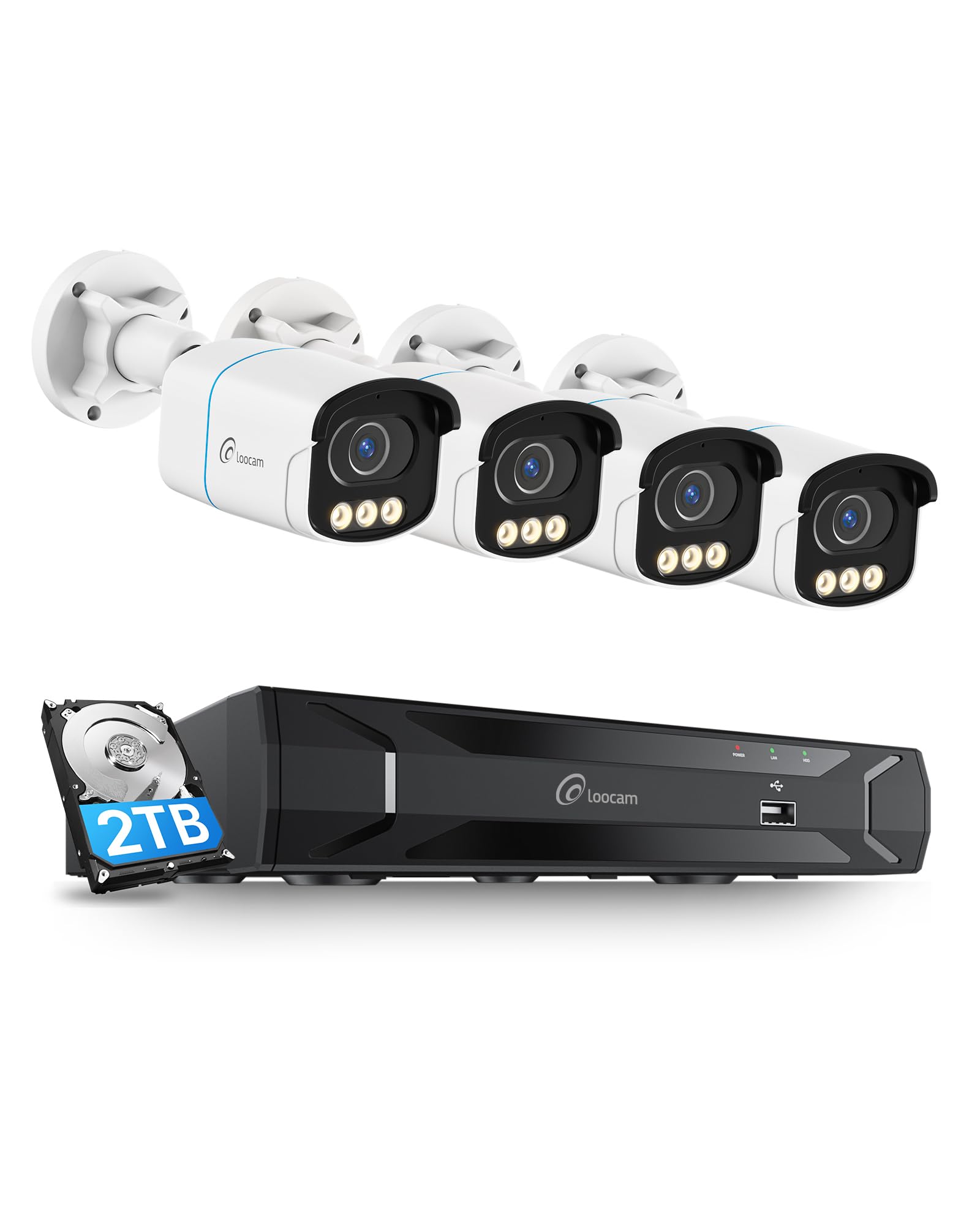 Loocam 4K CCTV Security Camera System PoE Wired True Color Night Vision, 4X 8MP PoE IP Cameras, 8 Channel NVR & 2TB HDD for 24/7 Record, AI Human