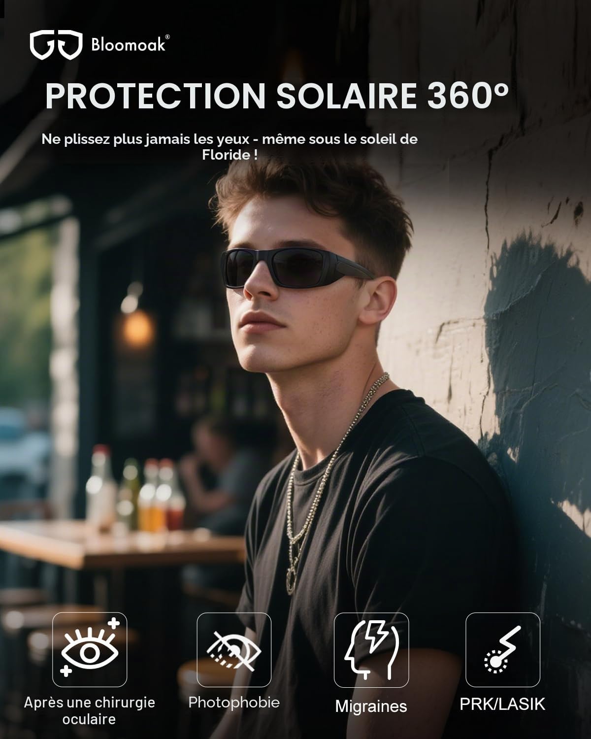 Bloomoak Lunettes de soleil CAT 4 super foncées | UV 400 | pour la photophobie et la sensibilité à la lumière | Style sport enveloppant pour homme et femme