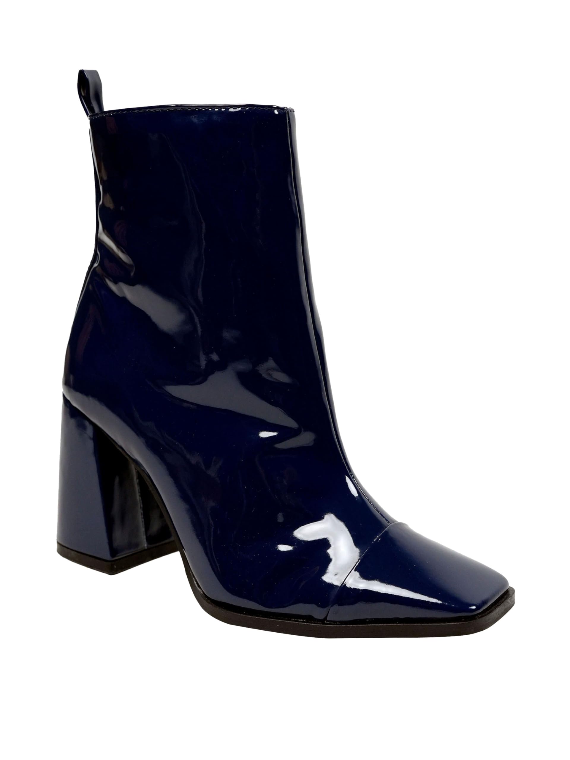 Women Elton Patent Block Heel Ankle Boots | Pointed-Toe Zip Closure Fashion Boots | Stylish & Comfortable for Party, Office & Casual Wear