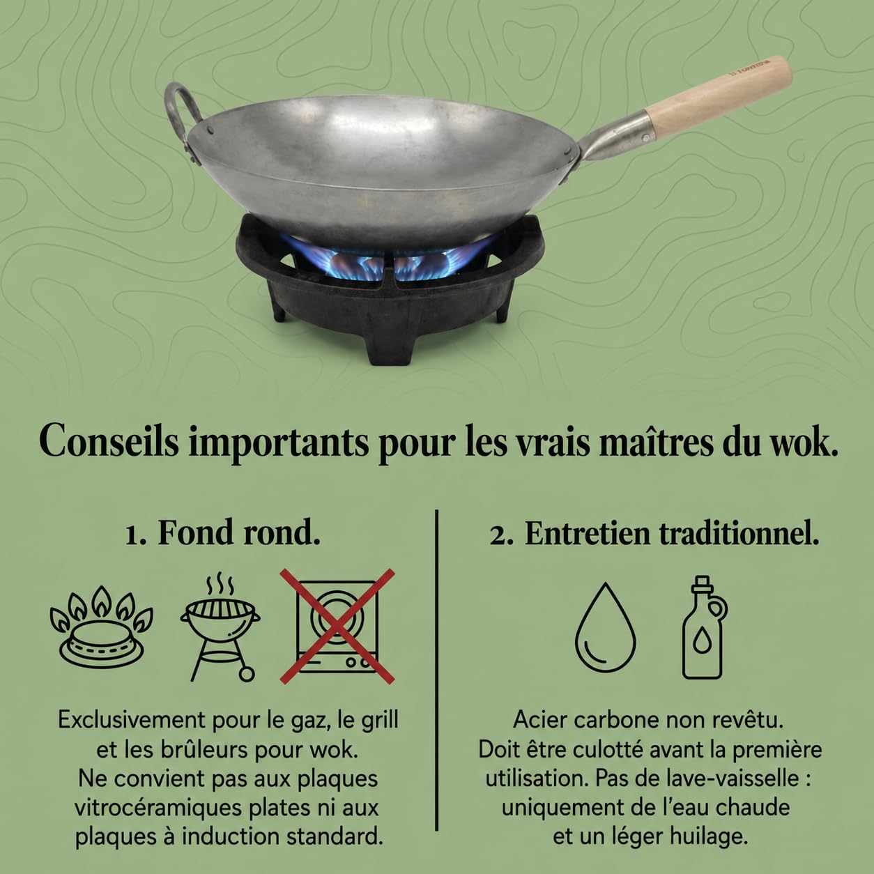 Homira Wok en Acier Carbone de 36 cm, Martelé à la Main, Fond Rond et Manche en Bois – Poêle Wok Traditionnelle sans PFAS pour Gaz, Barbecue, Brûleur à Wok et Cuisine en Extérieur (Fond Rond)