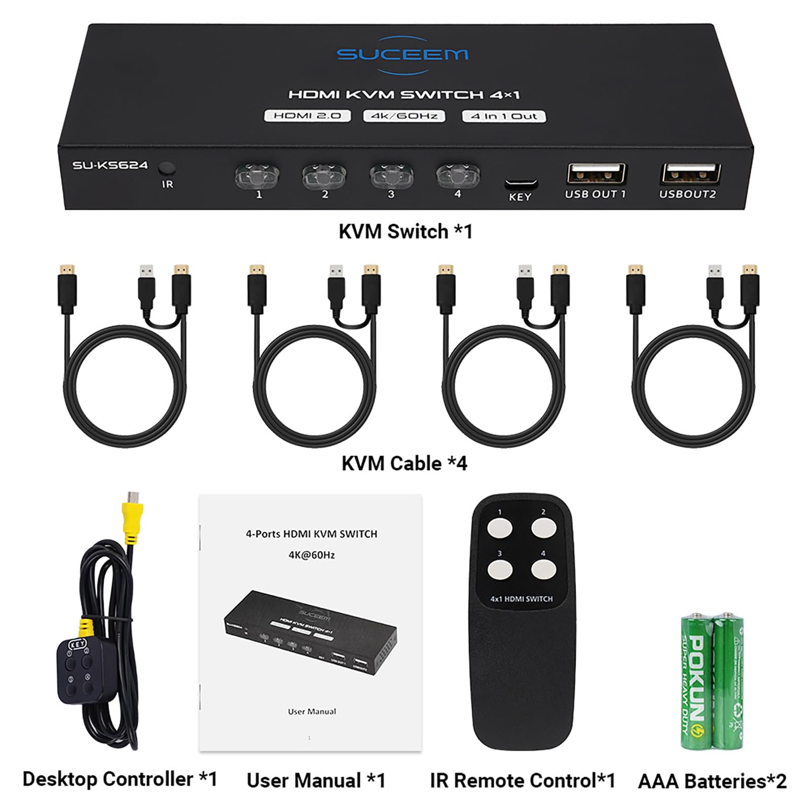 KVM e Switch 4 PC 1 Monitor 4K60Hz - HDMI Switch 4 Porte PC Share Monitor USB 2.0 Tastiera Mouse 4 Cavi KVM e Controller Desktop Inclusi
