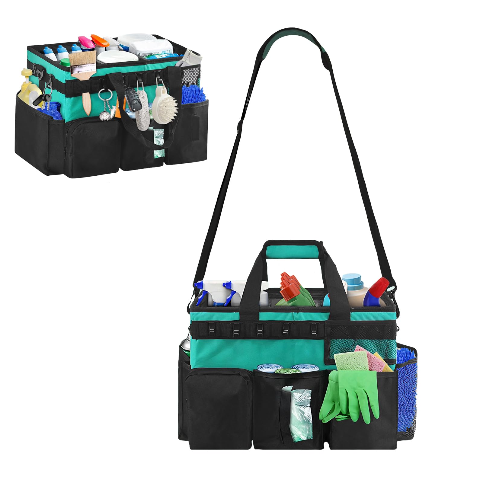 Reinigungs Organizer Tasche, 39*24*27 cm Reinigungs Caddy Organisator mit Griff und Verstellbarem Schultergurt Tragbare Reinigungstasche, Mehreren Taschen für Zuhause Auto Einkaufen Küche (Hellblau)