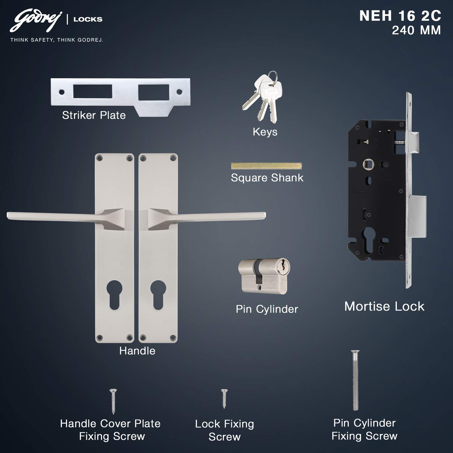 Godrej Locking Solutions and Systems Locks NEH 16-240 mm Door Handle with Lock Set 2C Satin Steel 4