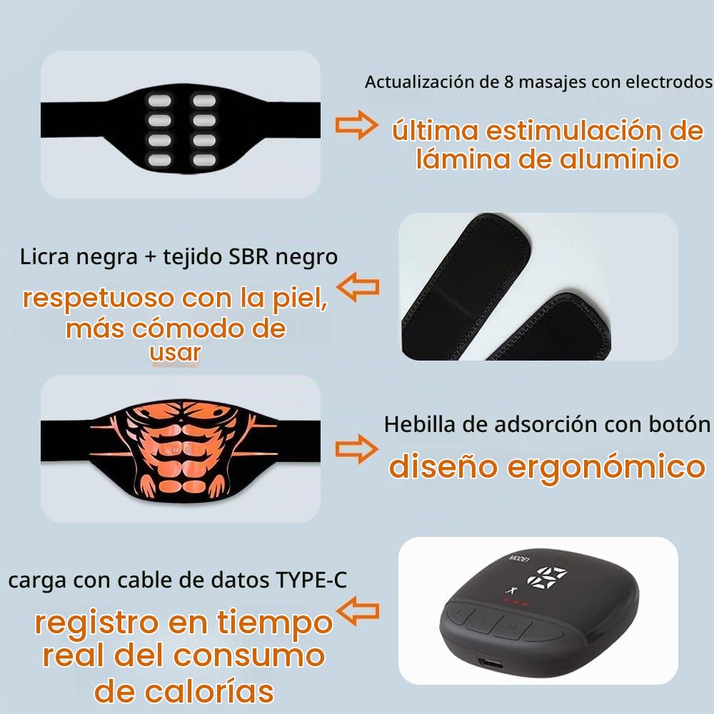 EMS Electroestimulador Muscular, Abdominales Electroestimulacion, Estimulador Eléctrico Muscular de Junta de Aluminio, 10 Modos y 30 Niveles de Intensidad Hombres/Mujeres Pantalla de Consumo Calórico