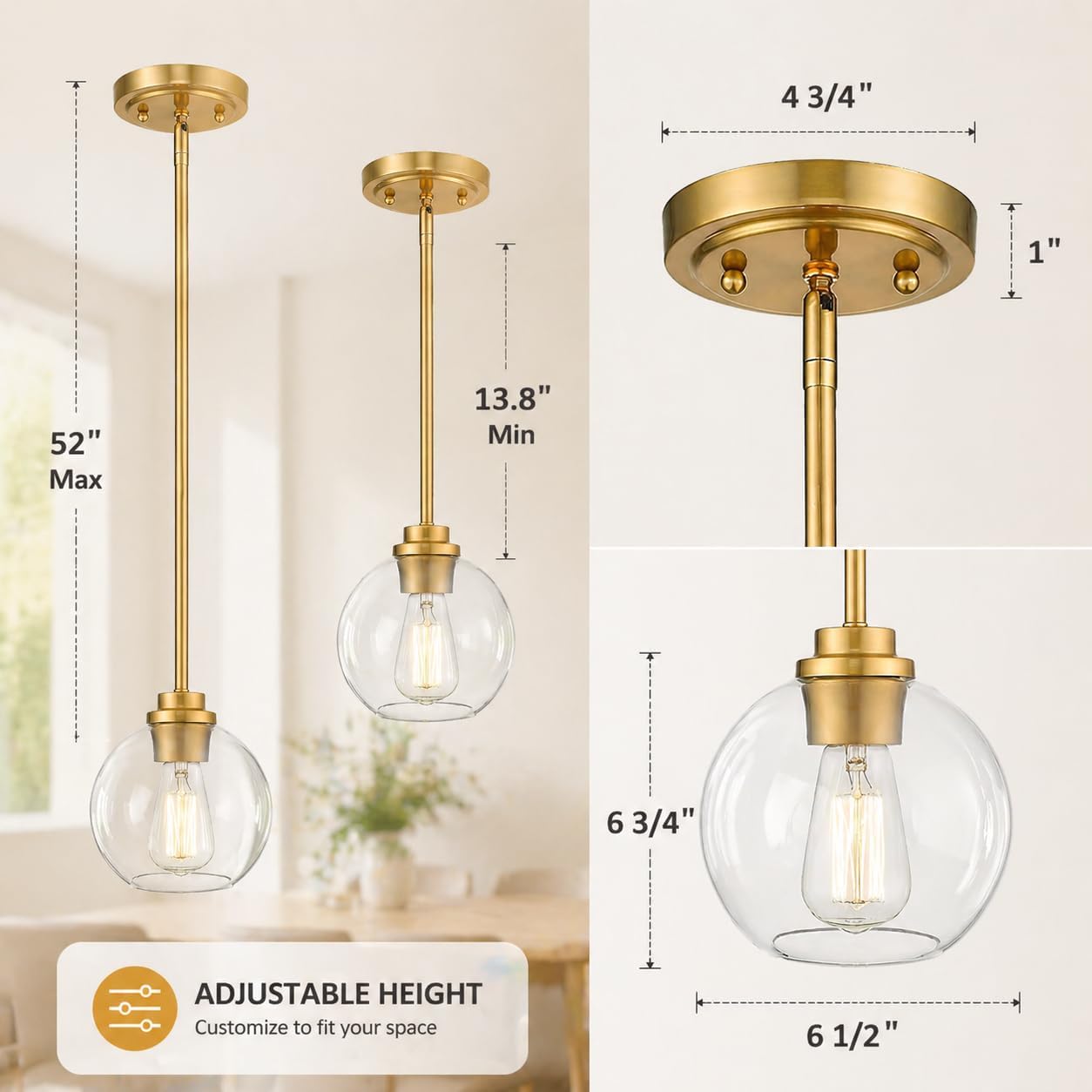Gold Pendant Light – 7 Inch Clear Glass Farmhouse Hanging Fixture, Adjustable Height & Sloped Ceiling Compatible for Kitchen Island Dining Room Entryway Bedroom Hallway, 1 Pack