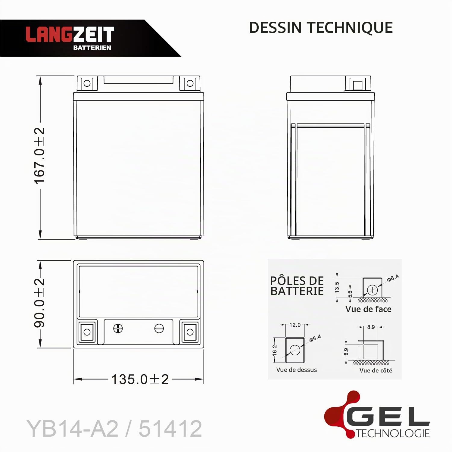 LANGZEIT YB14-A2 batterie moto 12V 14Ah GEL YB14-B2 51412 YB14A-A1 FB14-A2