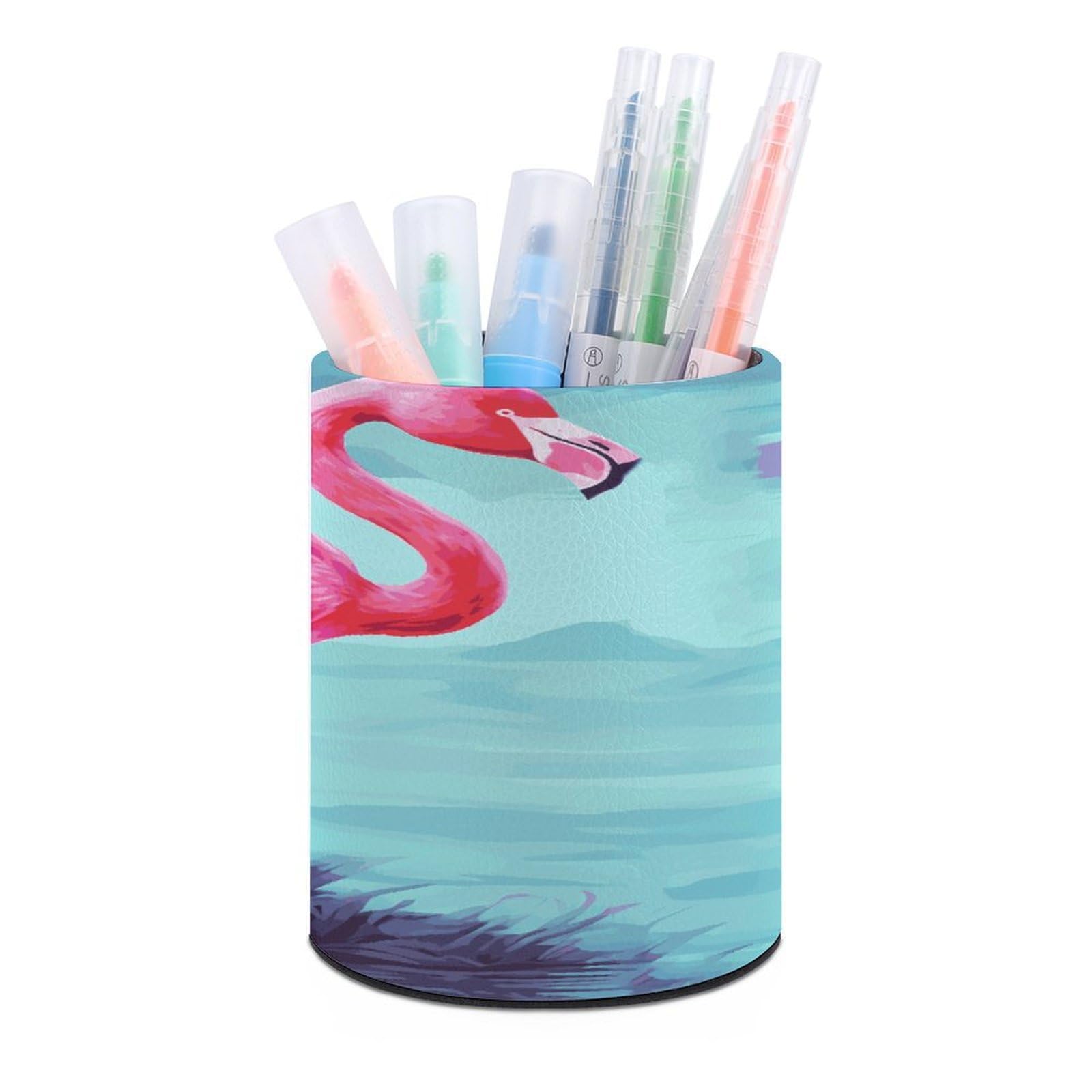 LDGSUPH Pink Flamingos Round Pen Holder Leather Pen Cup Pencil Cup Pen Organizer Pencil Holder for Desk Organizer Pencil Organizers Makeup Brush Holders for Home Office Gift