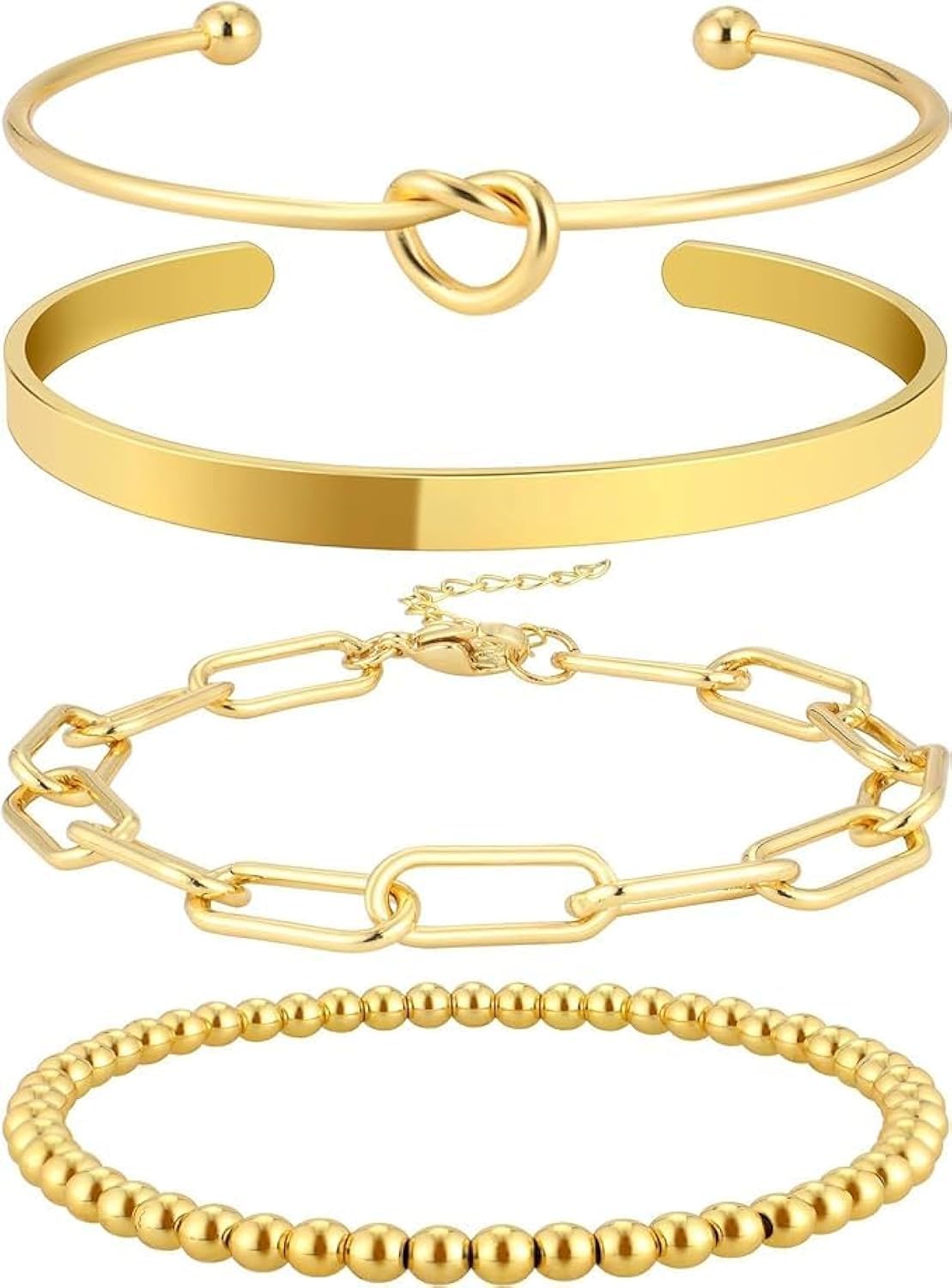 4 Pcs Gold Bangle Cuff Bracelets for Women, Trendy 14K Real Gold Plated Paperclip Chain Bracelet, Stack Adjustable Gold Beaded Bracelet, Friendly to Skin, Jewelry Set for Women