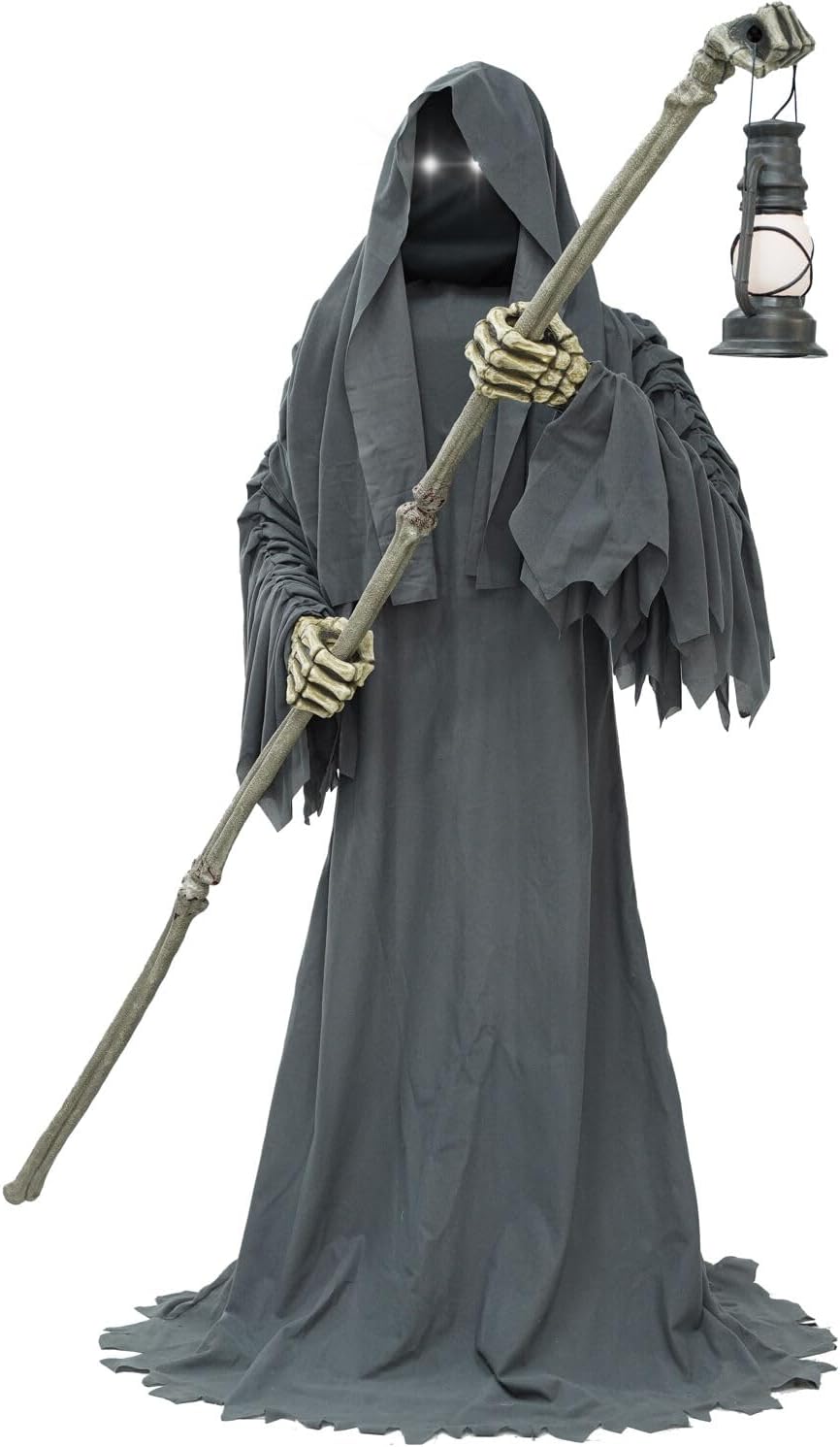 Haunted Hill Farm Motion-Activated 6-Ft. Tall Ghostly Guide, Plug-in Talking Scare Prop Animatronic with Spooky Sound Effects and Lights for Indoor or Covered Outdoor Creepy Halloween Decoration 6ft Ghostly Guide With Led Eyes