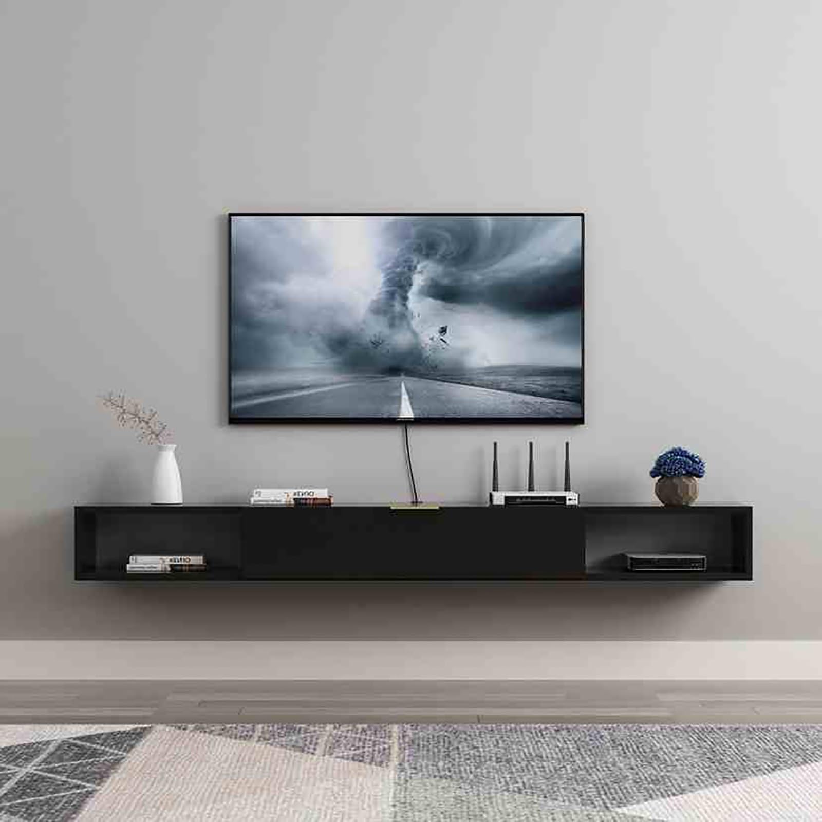 Meuble TV mural flottant moderne avec porte à rabat et console multimédia à étagère