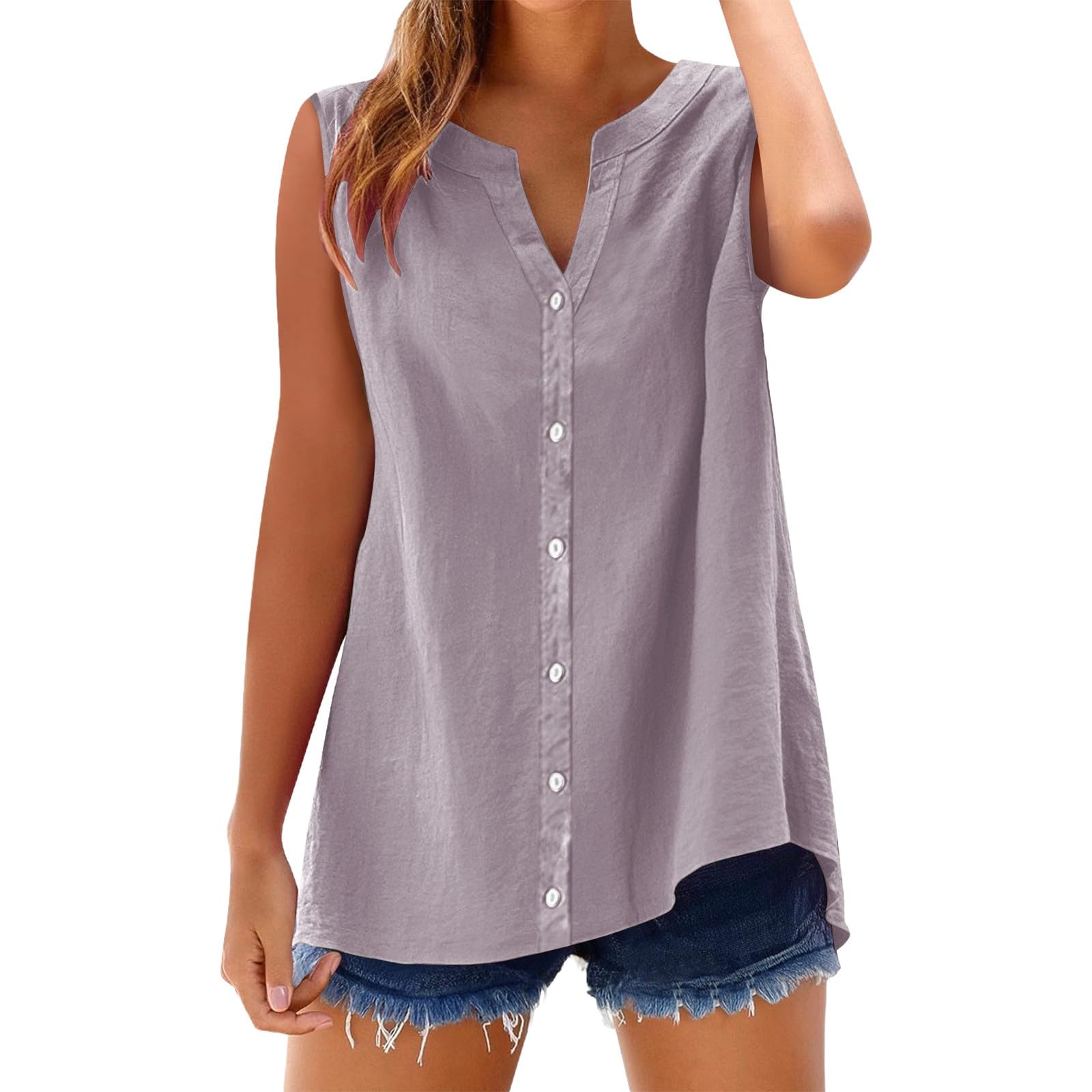 Linen Tank Tops Womens Sleeveless Tops Dressy Casual Button Down Collared Shirt Loose Fit Blouse Work Office Outfits