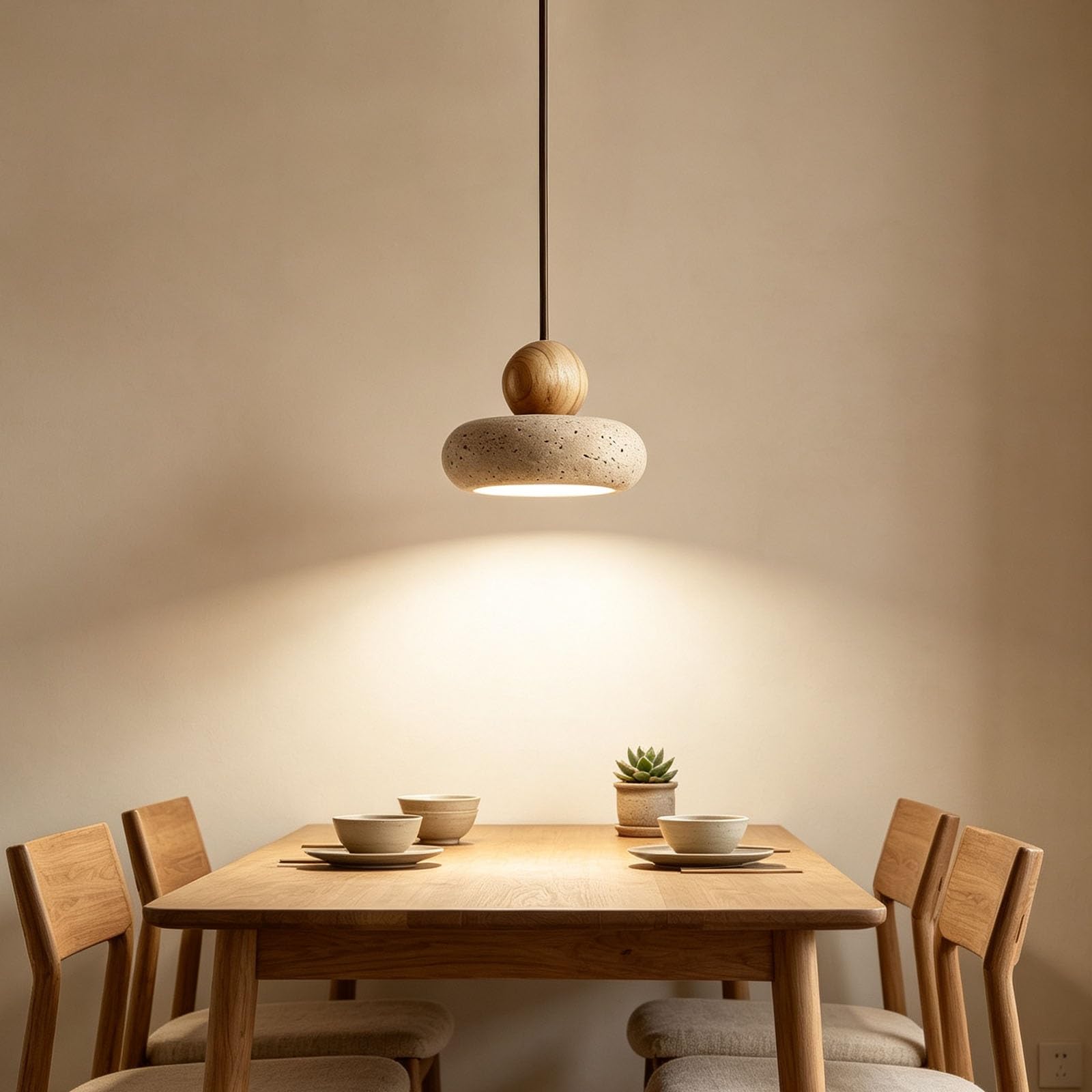 Hängeleuchte im japanischen Stil, rustikale Steinholzlampe for Esszimmer | Handgefertigte Hängevorrichtung mit walnussfarbenen Details for die Inneneinrichtung von Kücheninseln(Warm,Natural)