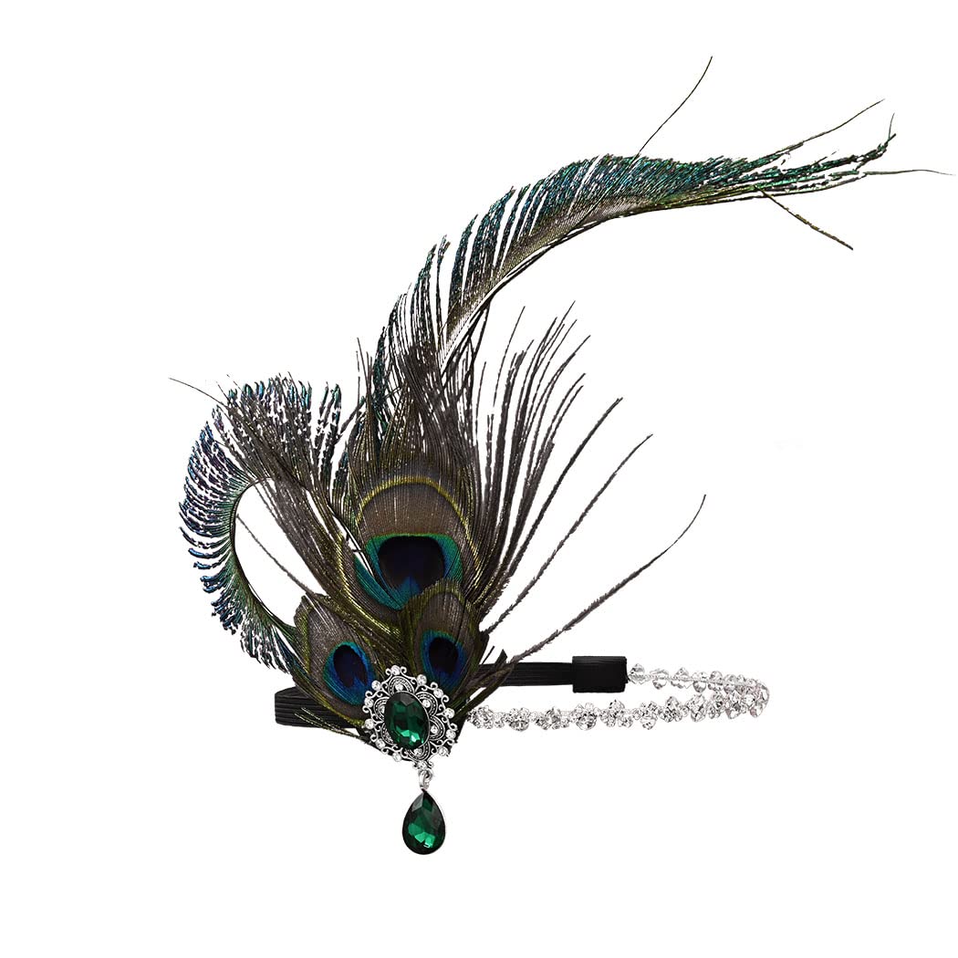 CAKURE1920s Peacock Feather Headpieces Flapper Headband Great Gatsby Headband Rhinestone Art Deco Hair Accessories Roraing 20s Headwear for Prom Party for Women