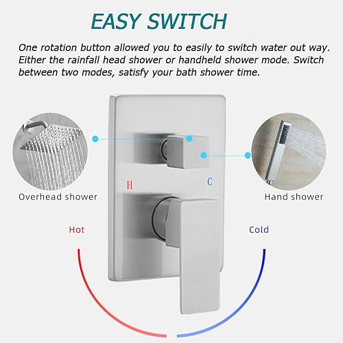 Miniatura 9 de Heable Sistema de ducha de oro cepillado con cabezal de ducha de lluvia de alta presión de 8 pulgadas, cabezal de ducha de mano, mezclador de lluvia
